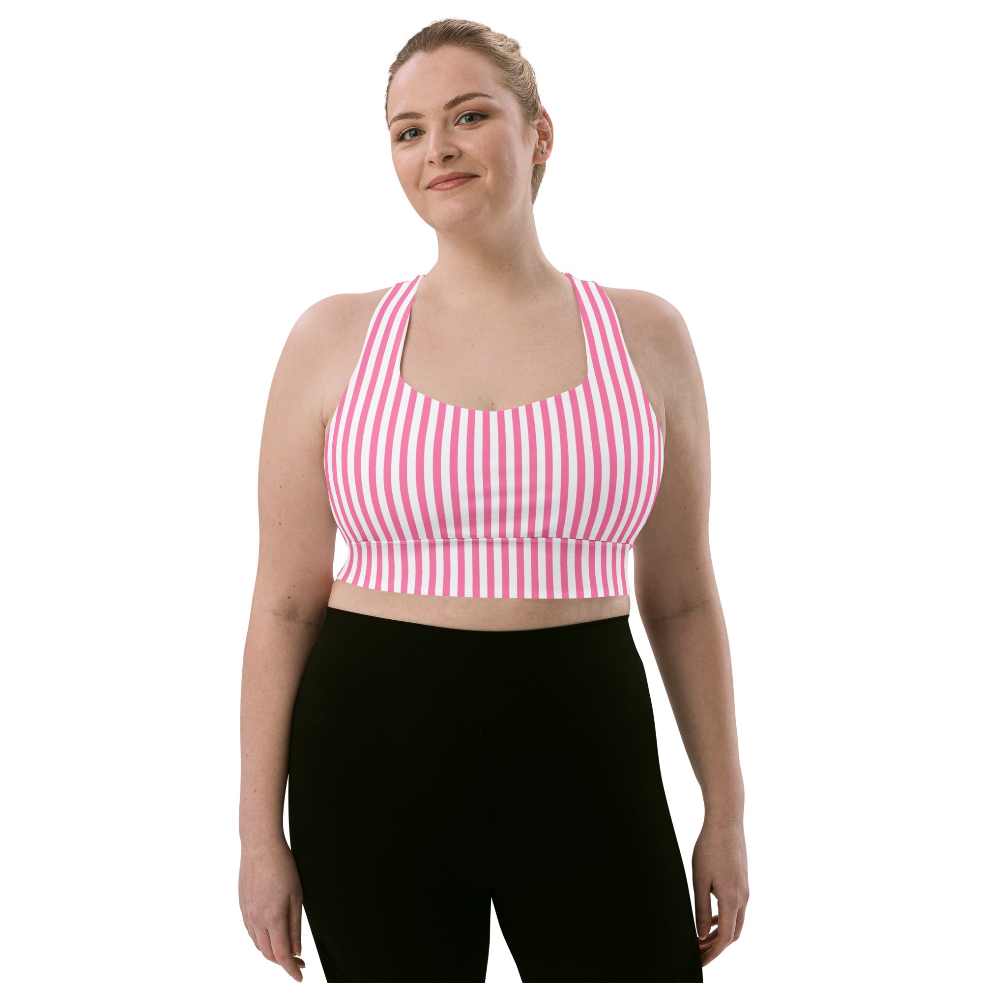 Longline sports bra- White and Pink Stripes