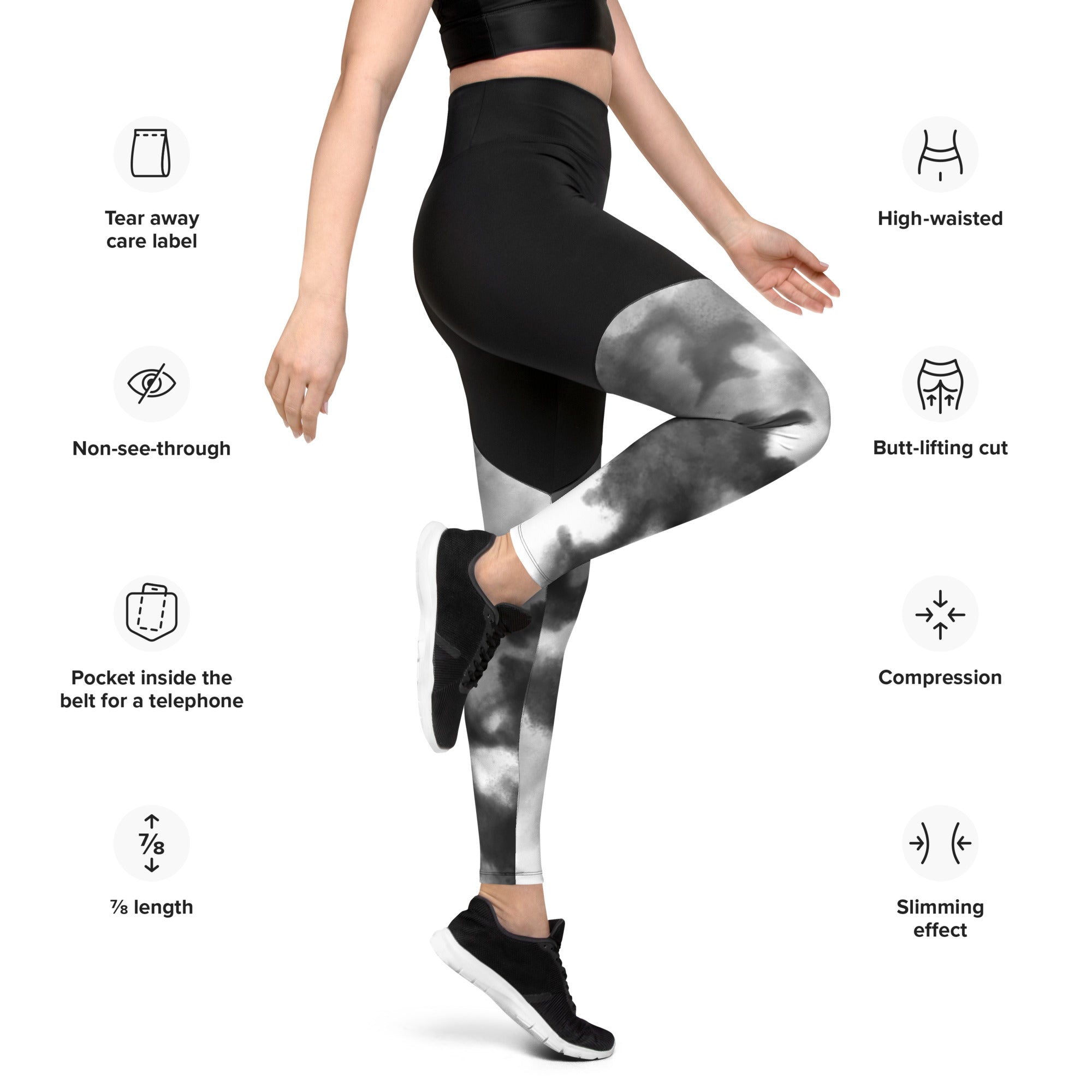 Sports Leggings- Black Watercolor