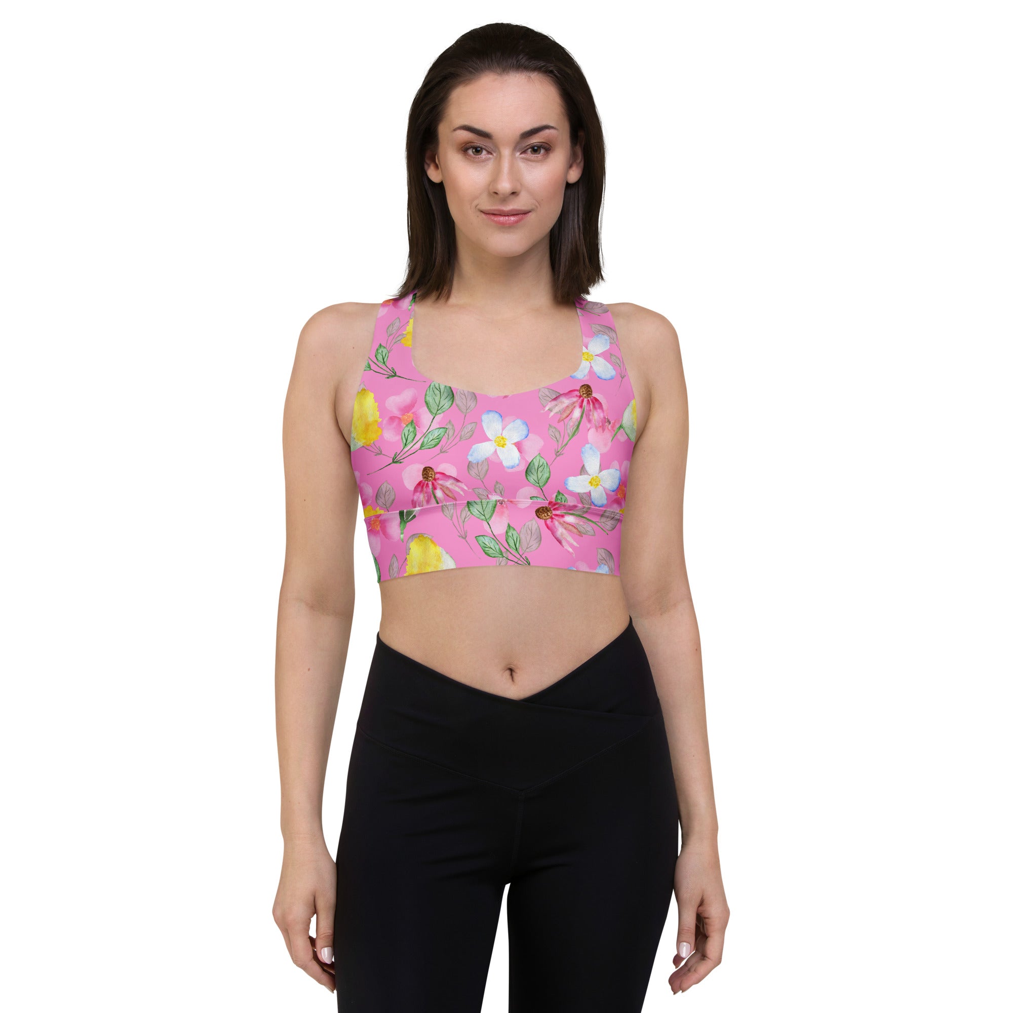 Longline sports bra- Summer Flowers Pink