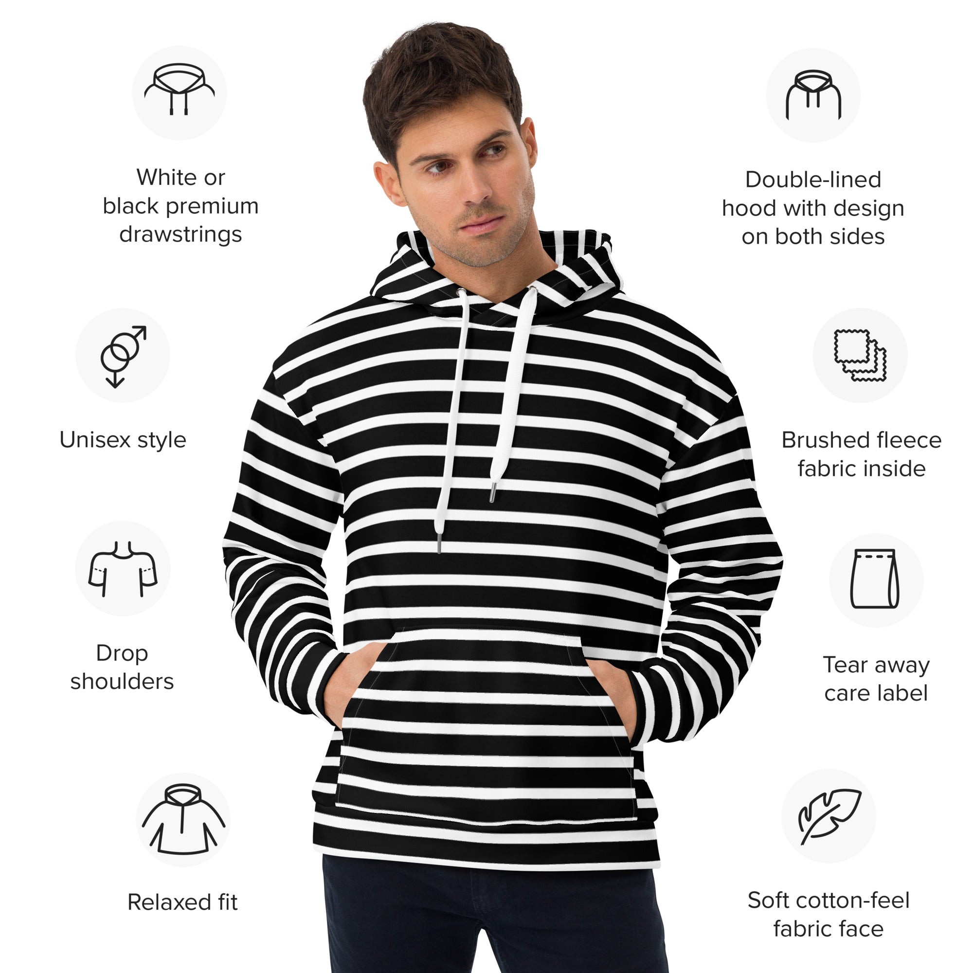 Unisex Hoodie- White and Black Striped