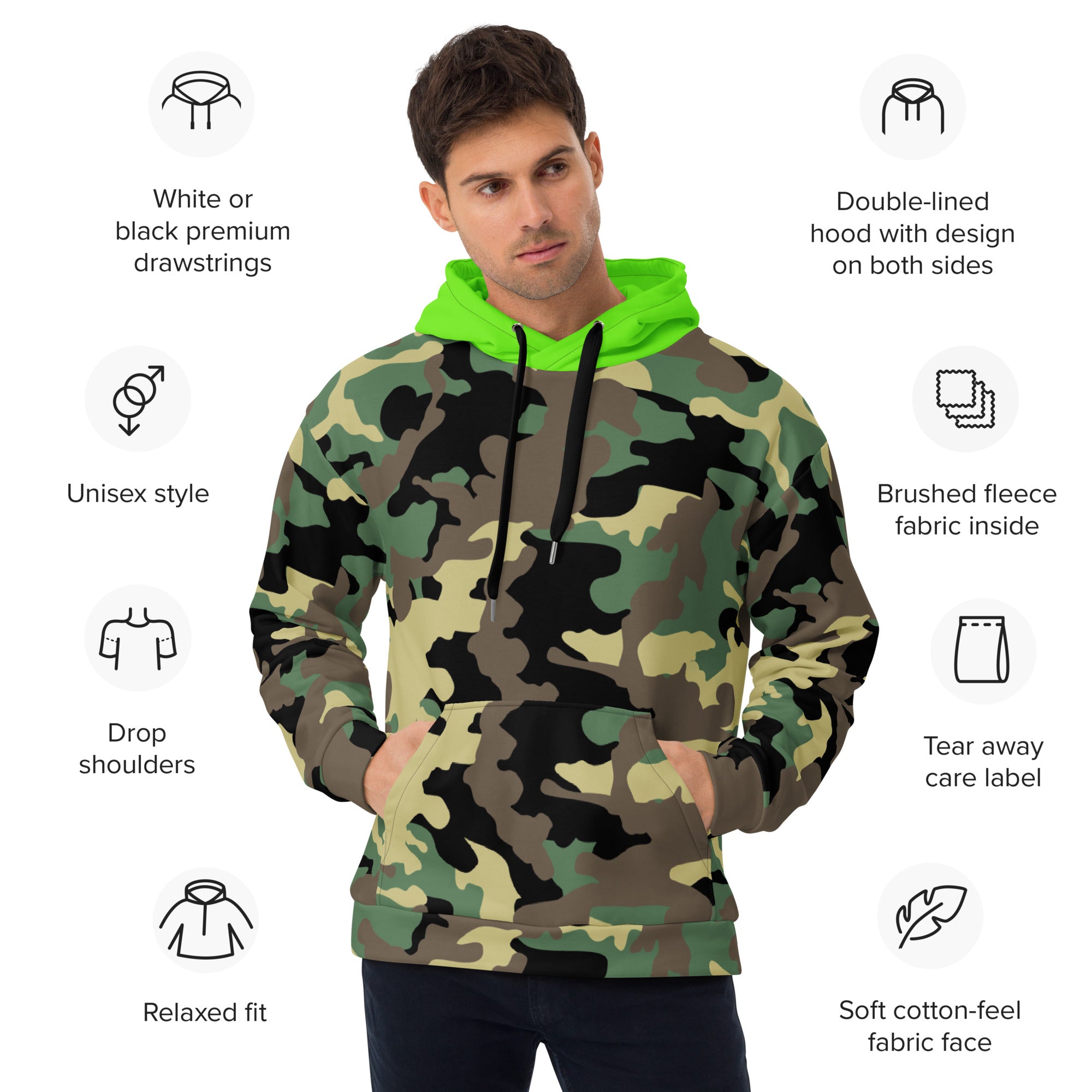 Unisex Hoodie-Jungle Camo with Highvisibility Green Hood