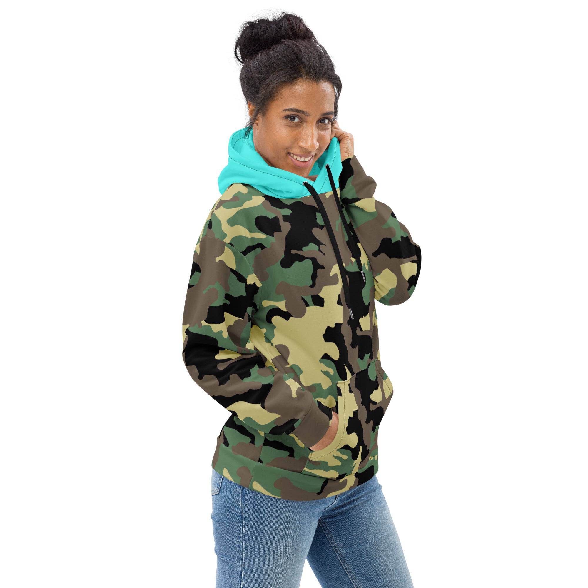 Unisex Hoodie-Jungle Camo with Highvisibility Cyan Hood