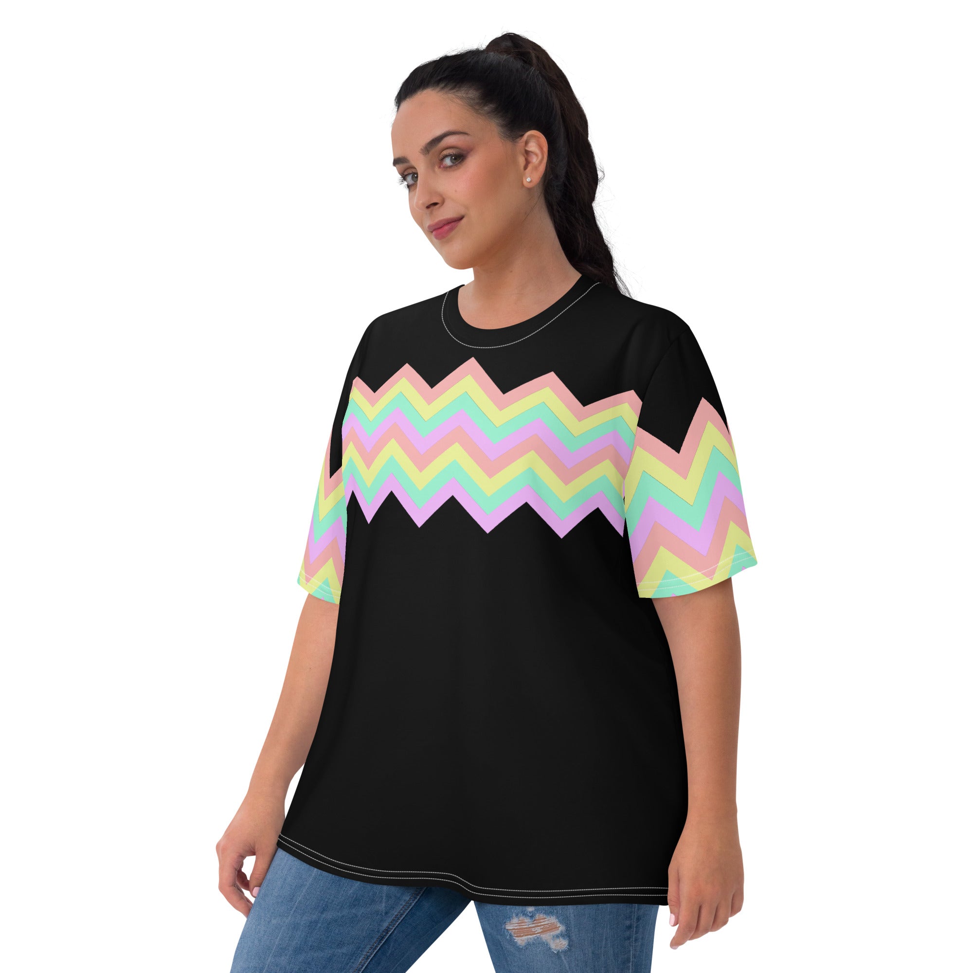 Women's T-shirt-Multicolor Zigzag I-Black