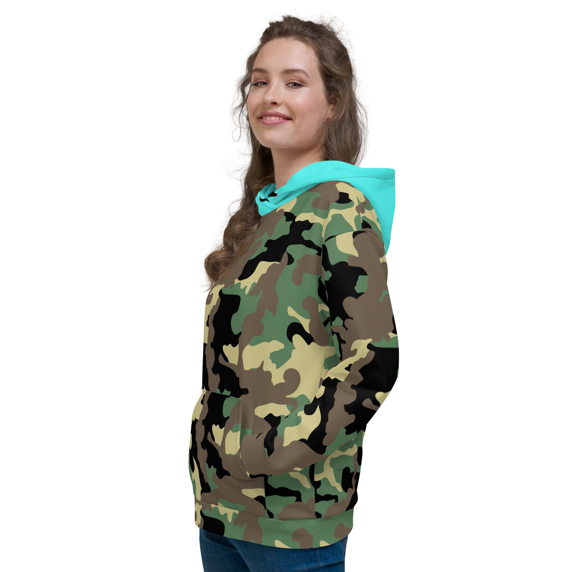 Unisex Hoodie-Jungle Camo with Highvisibility Cyan Hood