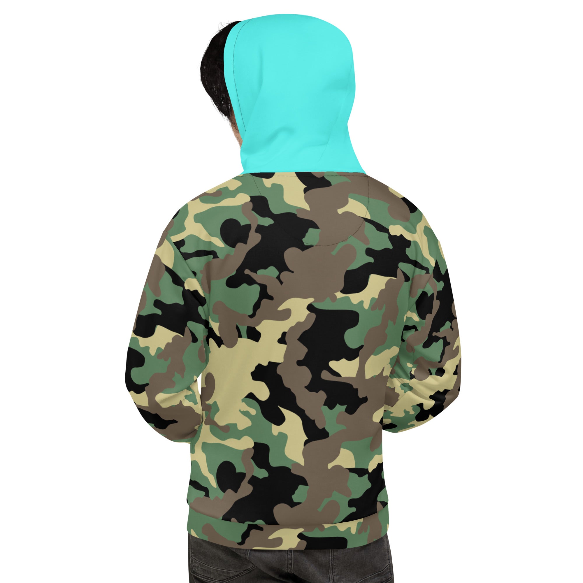 Unisex Hoodie-Jungle Camo with Highvisibility Cyan Hood