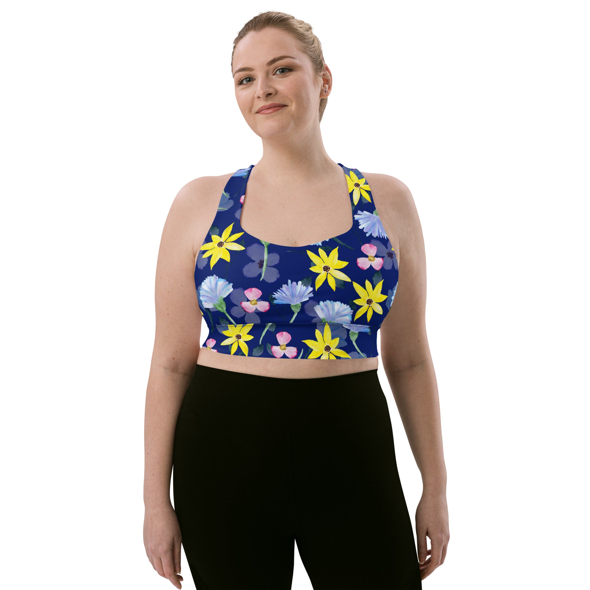 Longline sports bra- Summer Flowers Dark Blue