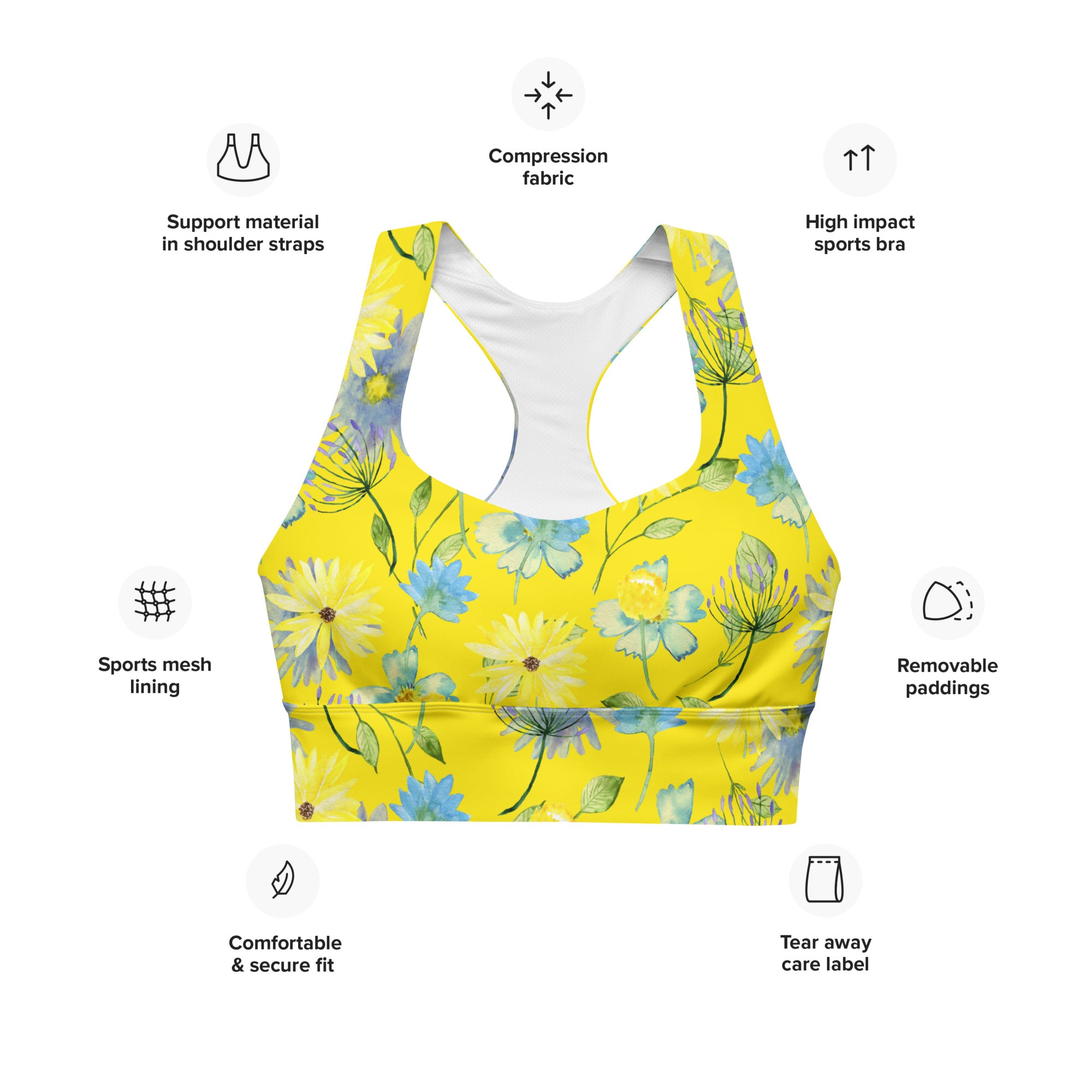 Longline sports bra- Summer Flowers Yellow
