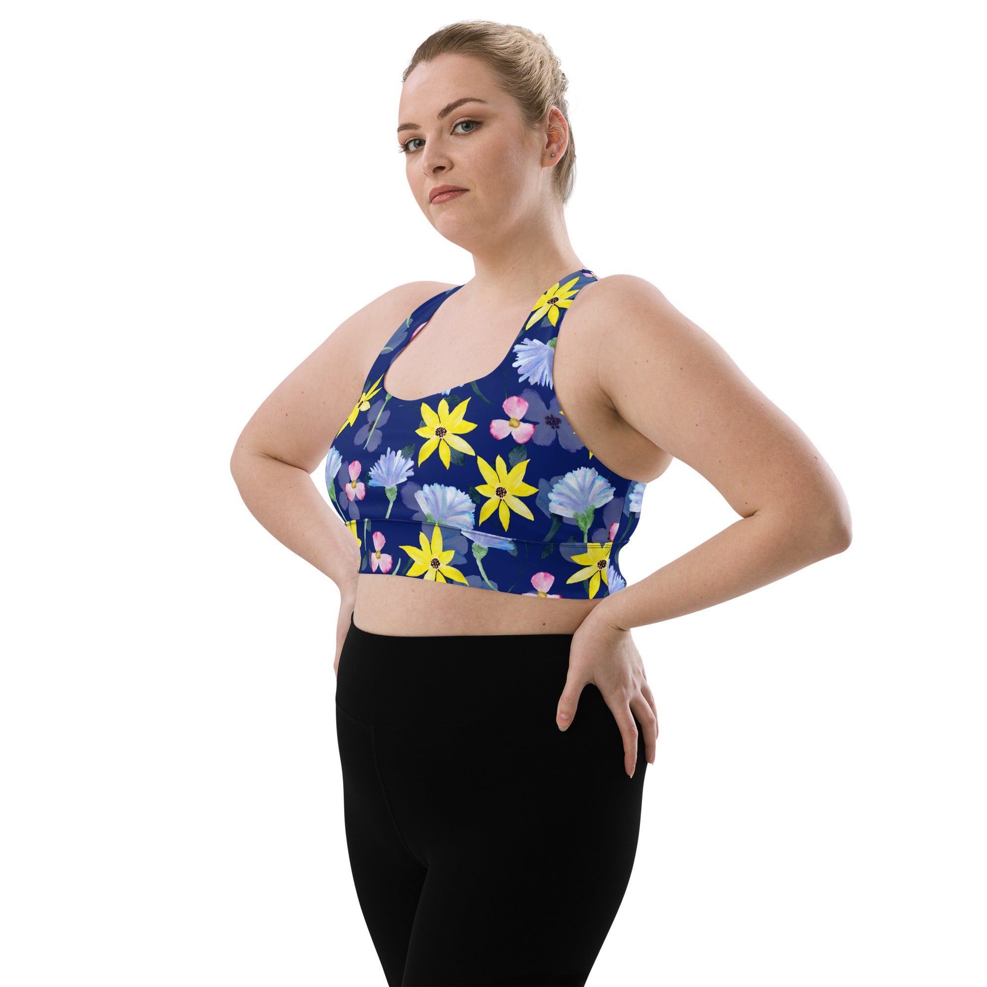 Longline sports bra- Summer Flowers Dark Blue