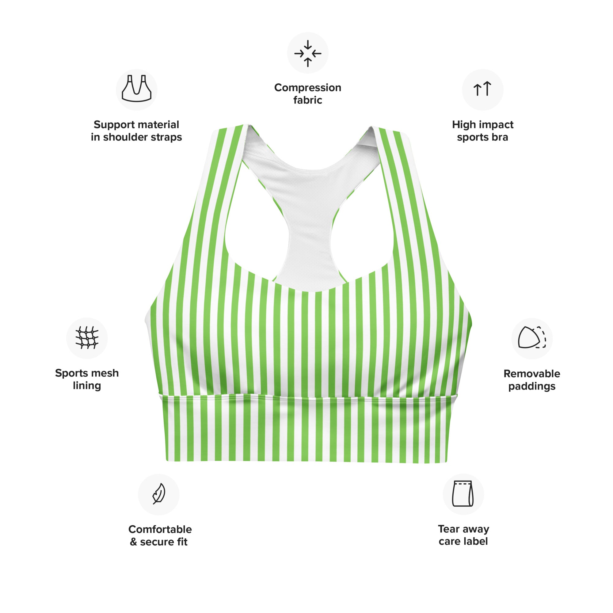 Longline sports bra- White and Green Stripes