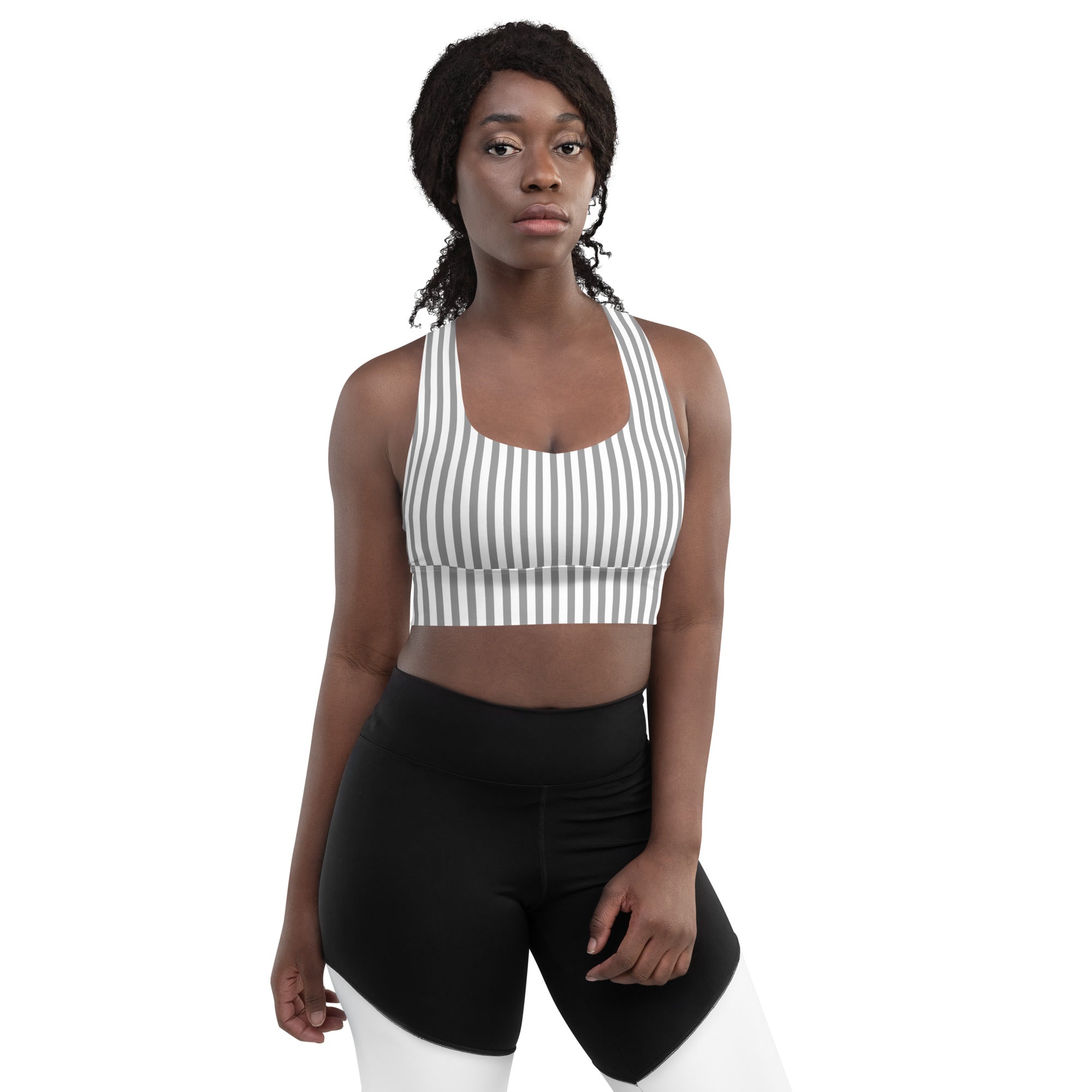 Longline sports bra- White and Grey Stripes