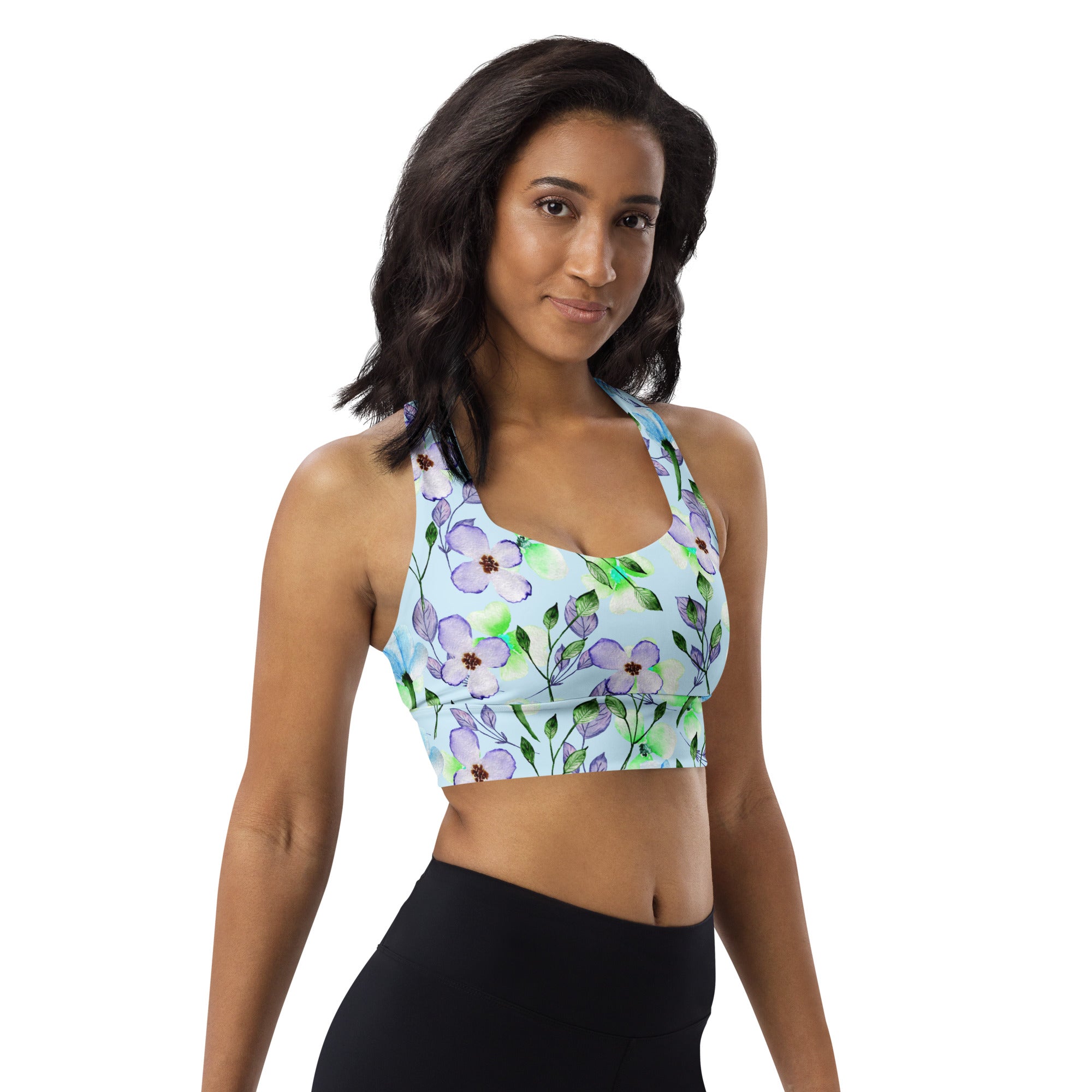 Longline sports bra- Summer Flowers Blue