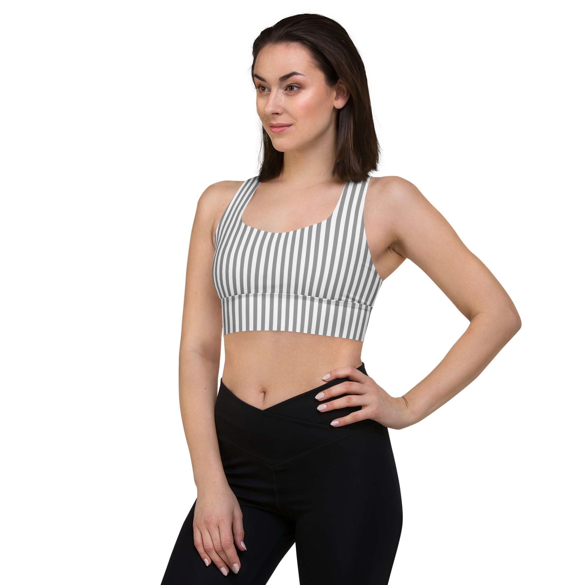 Longline sports bra- White and Grey Stripes