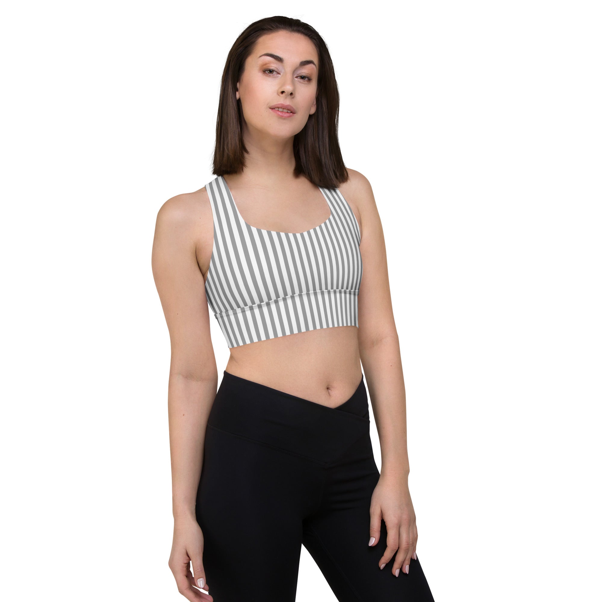 Longline sports bra- White and Grey Stripes