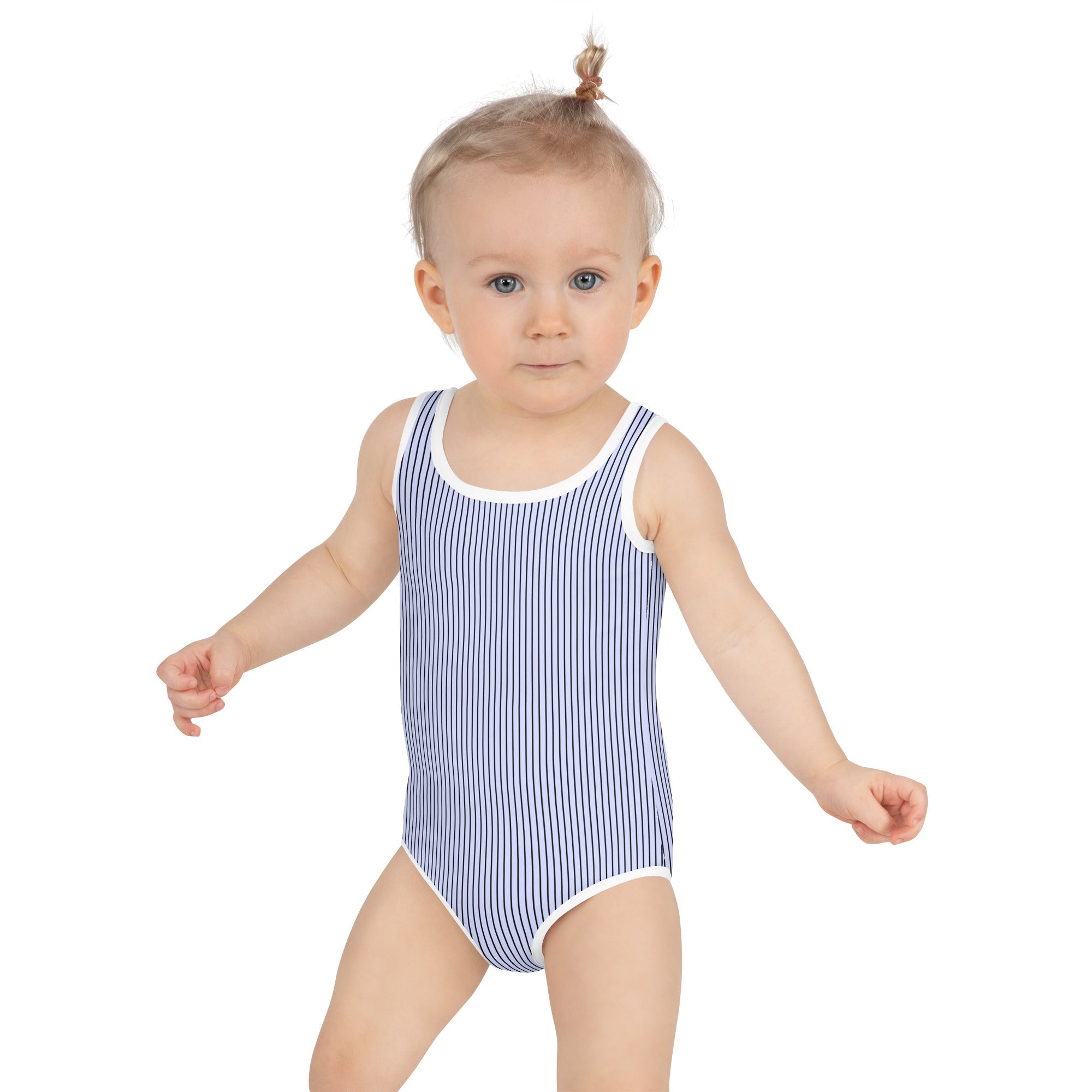 All Over Print Kids Swimsuit Blue with Black Stripes