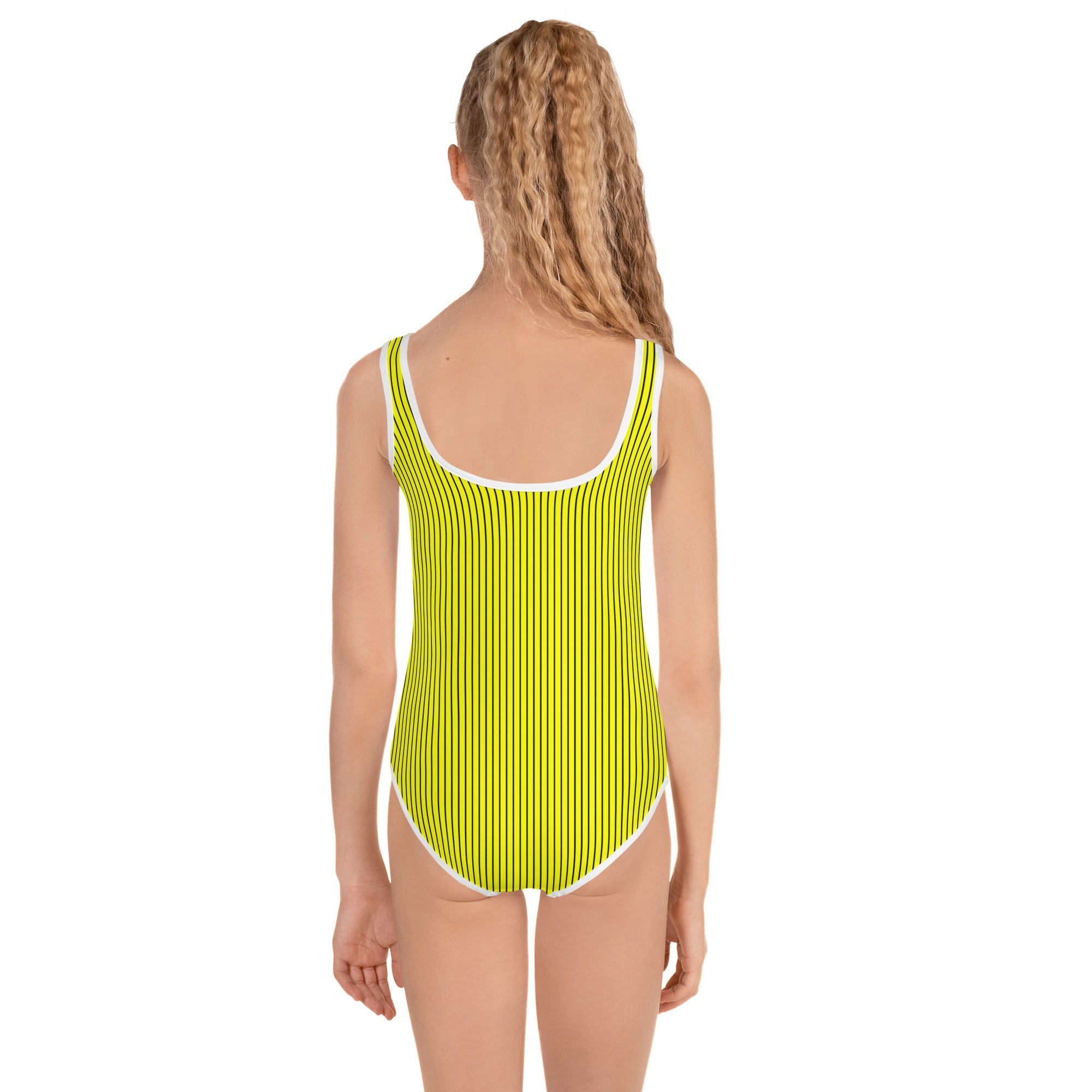 All Over Print Kids Swimsuit Yellow with Black Stripes