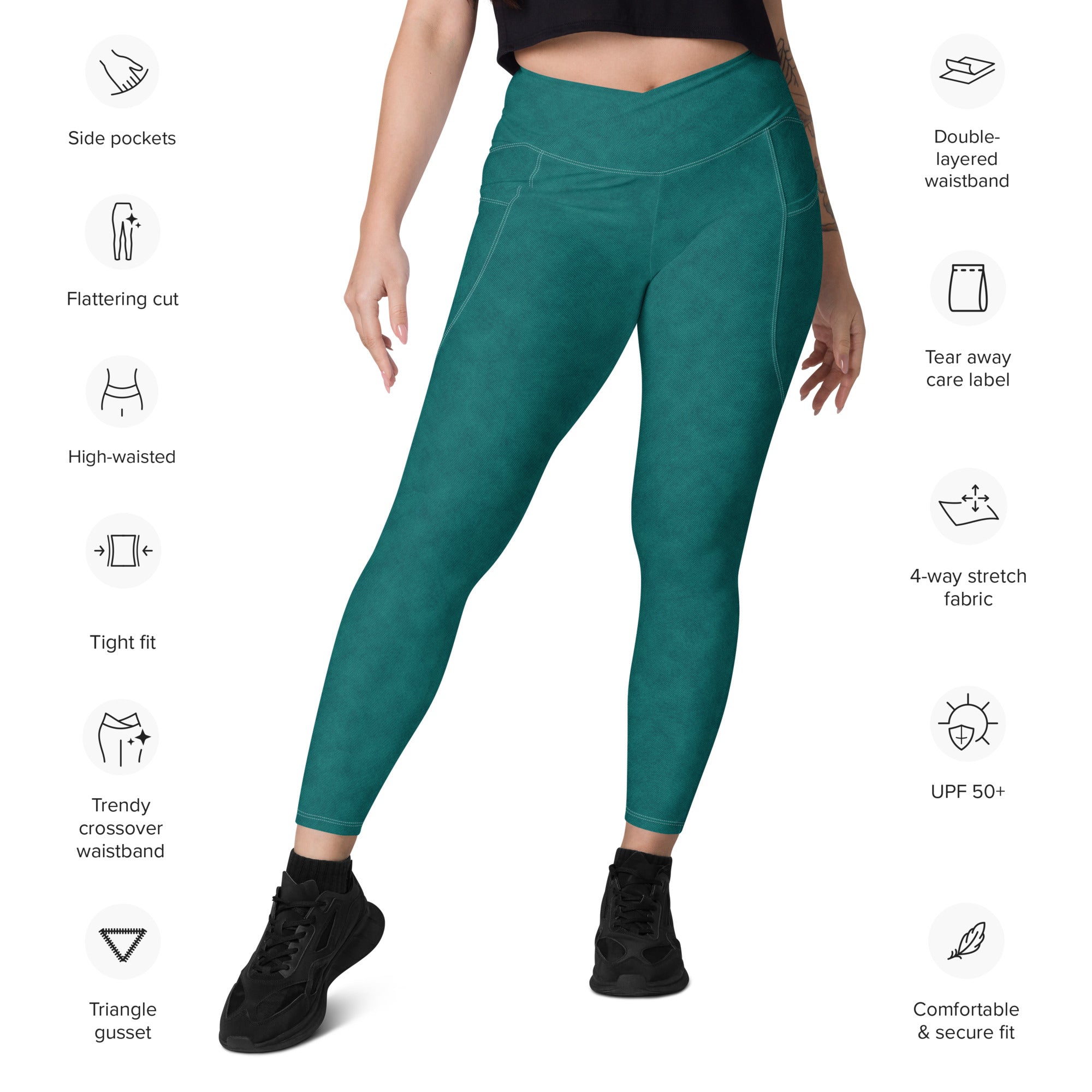 Crossover leggings with pockets Denim print Green