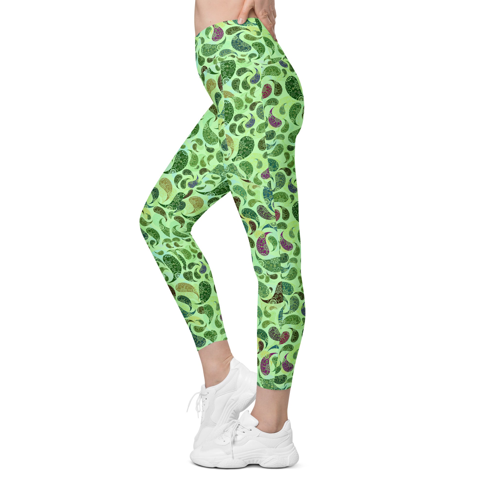 Crossover leggings with pockets Paisley green