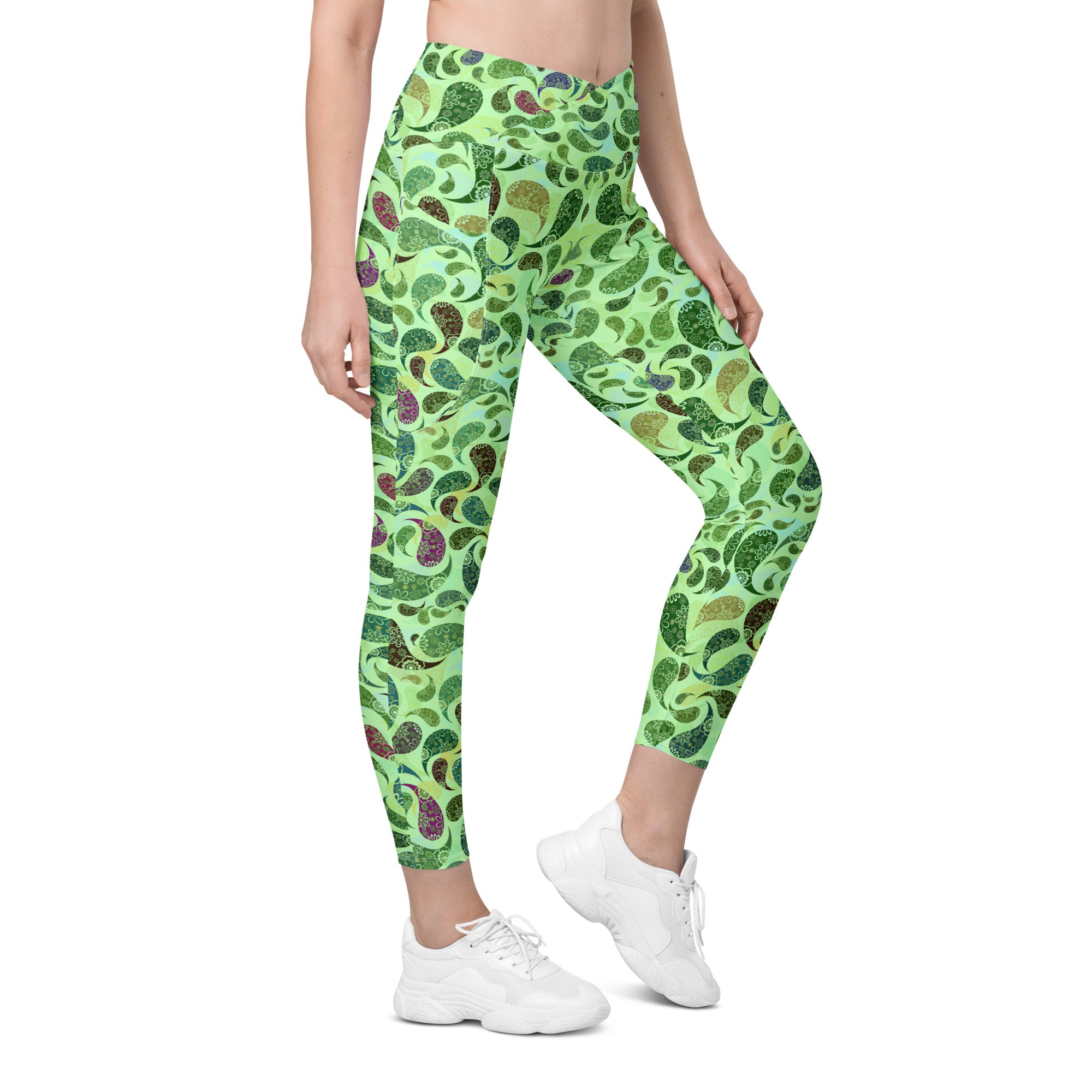 Crossover leggings with pockets Paisley green