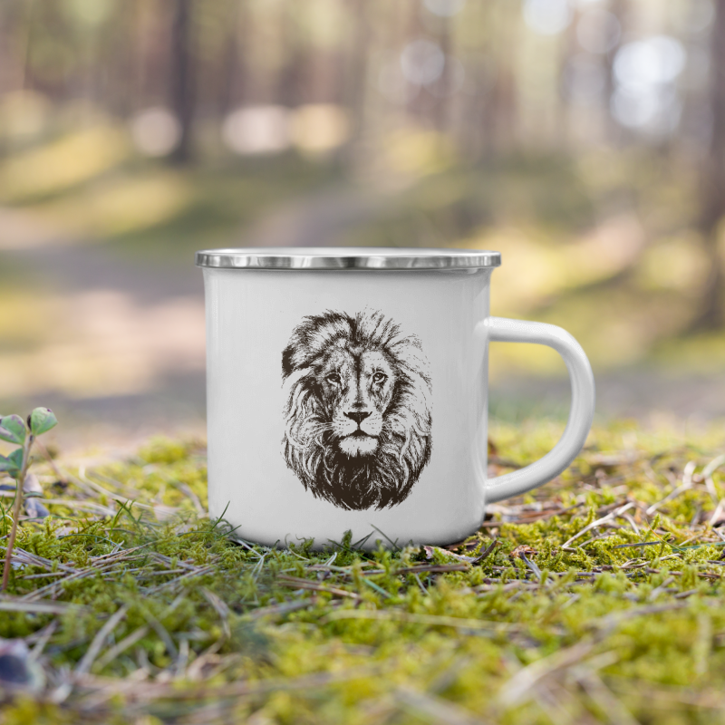 Enamel Mug Hand Drawn Lion Mono