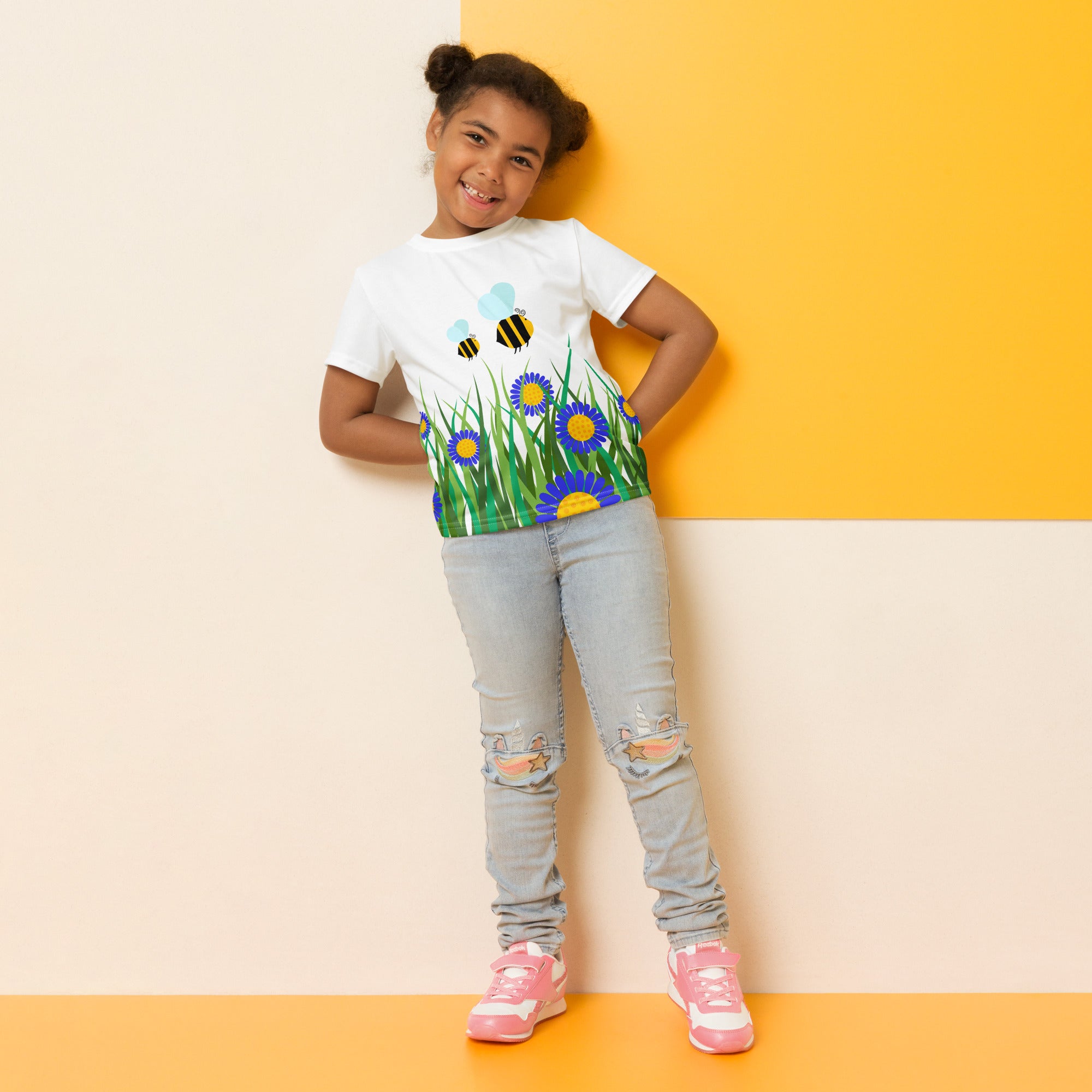 Kids crew neck t shirt Beetiful Flower Garden II White