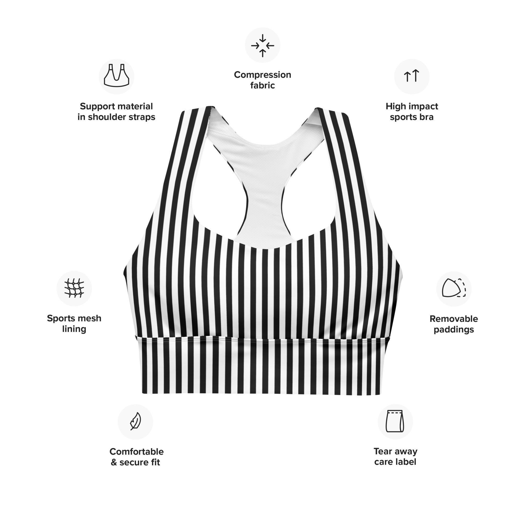 Longline sports bra Black and White Stripes