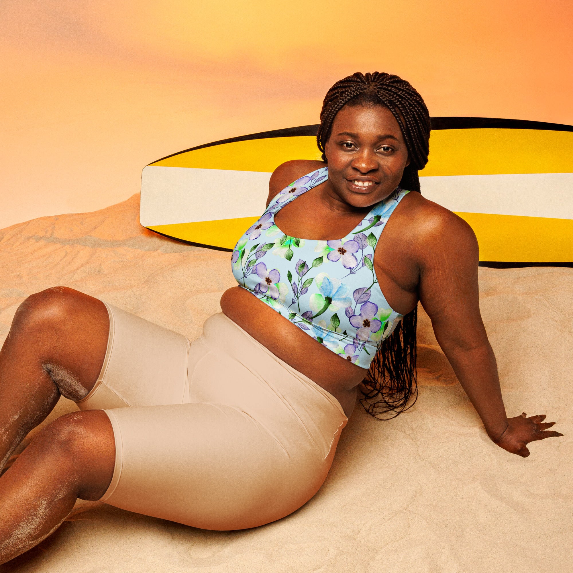 Longline sports bra Summer Flowers Blue