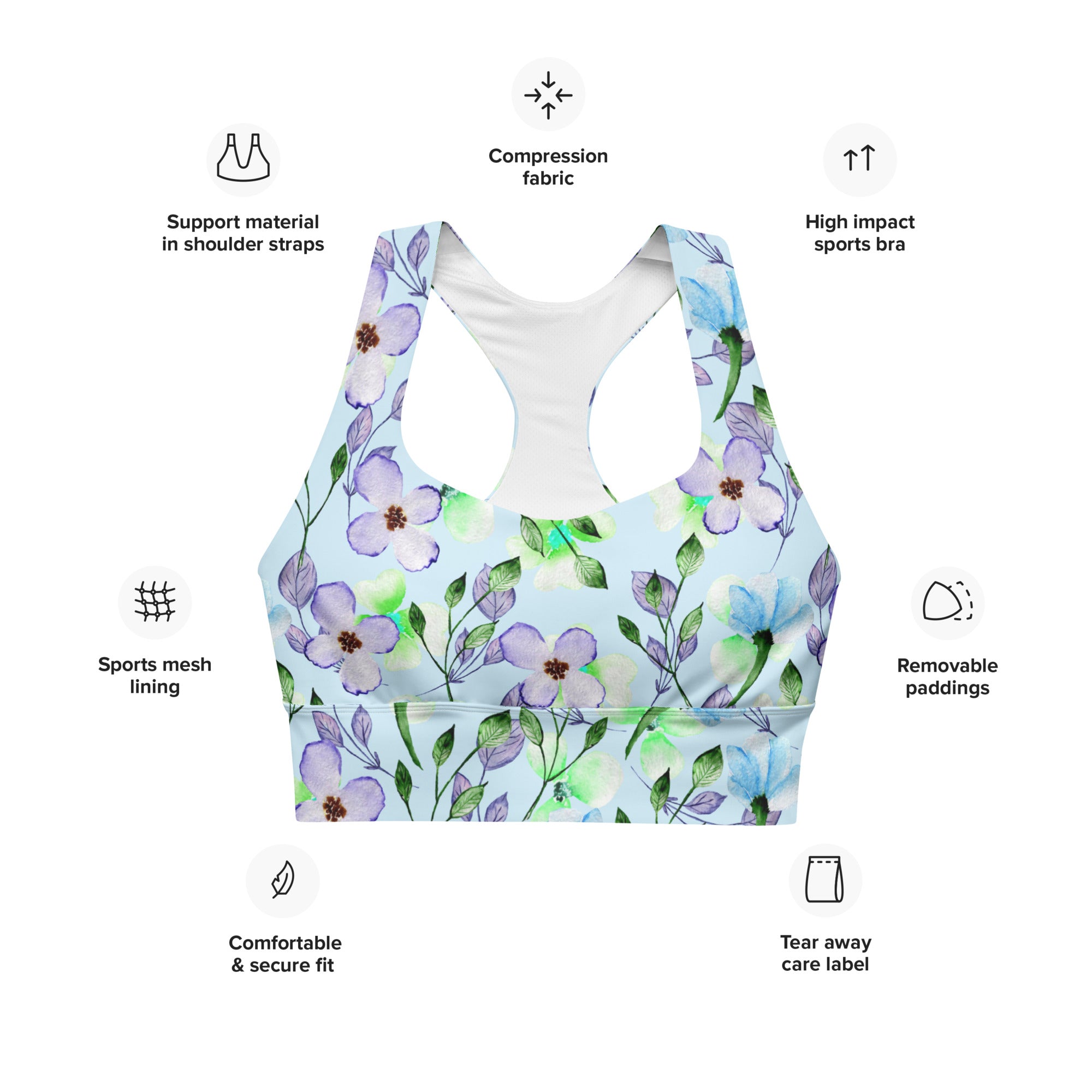 Longline sports bra Summer Flowers Blue