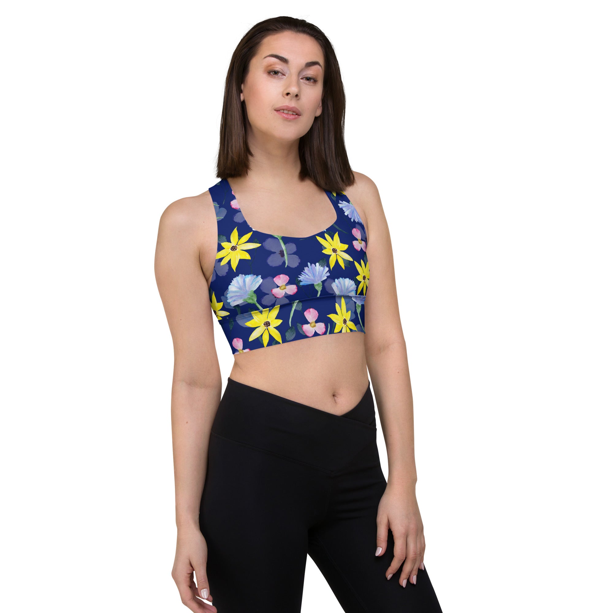 Longline sports bra Summer Flowers Dark Blue