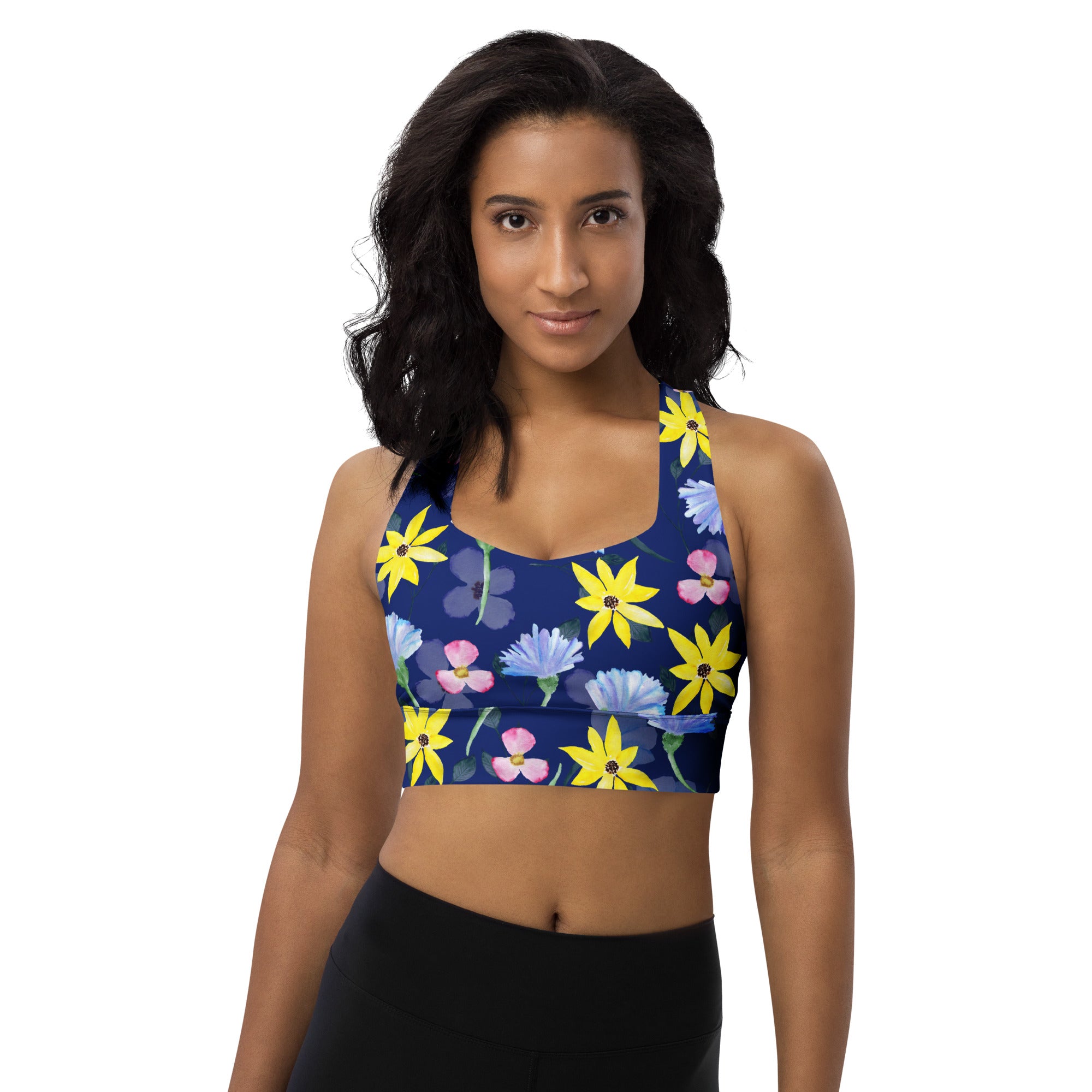 Longline sports bra Summer Flowers Dark Blue