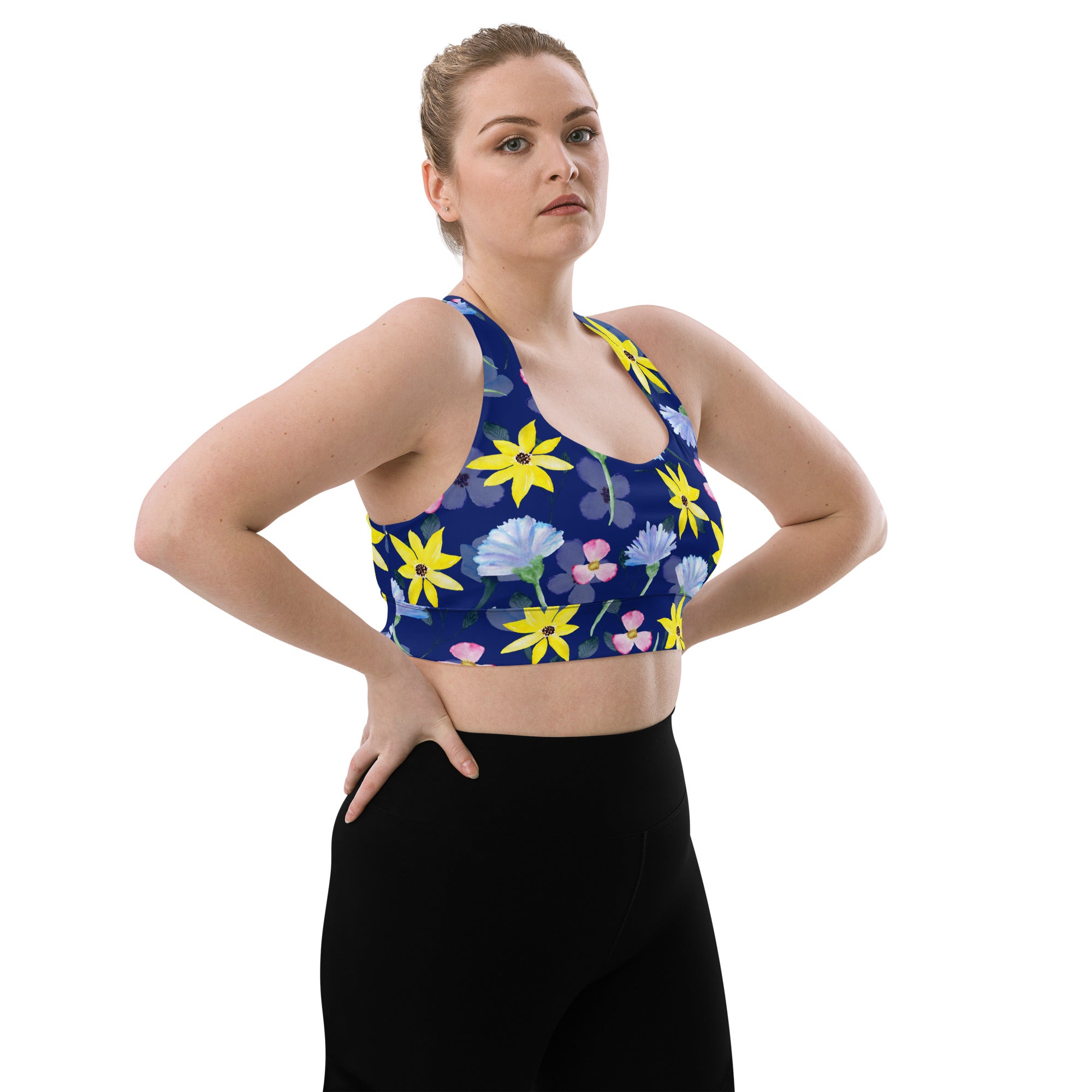 Longline sports bra Summer Flowers Dark Blue