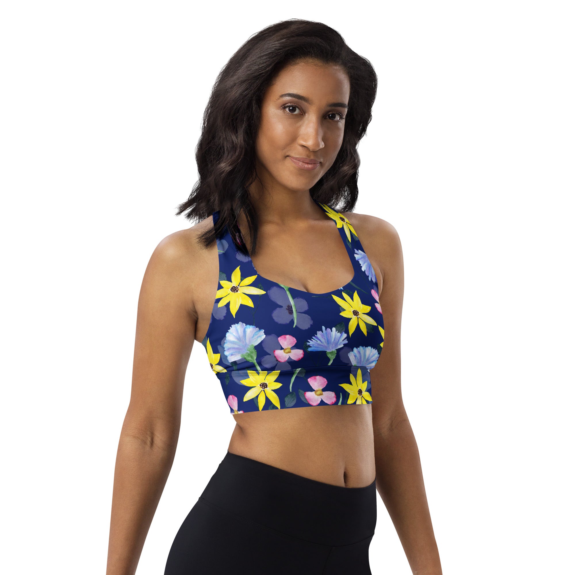 Longline sports bra Summer Flowers Dark Blue
