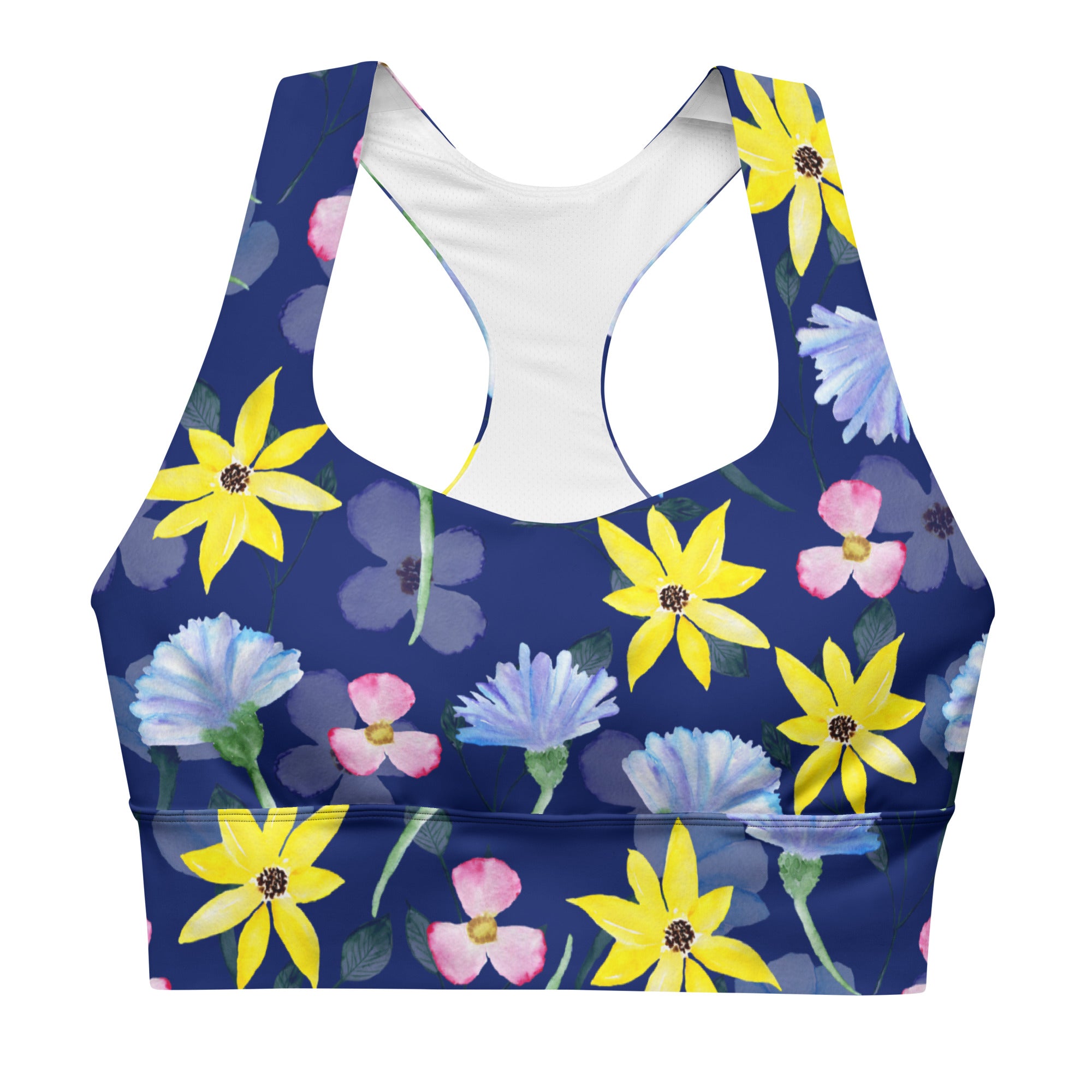 Longline sports bra Summer Flowers Dark Blue