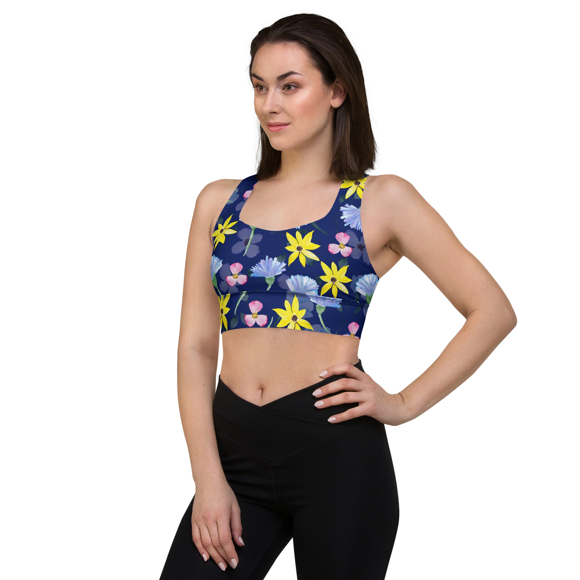 Longline sports bra Summer Flowers Dark Blue