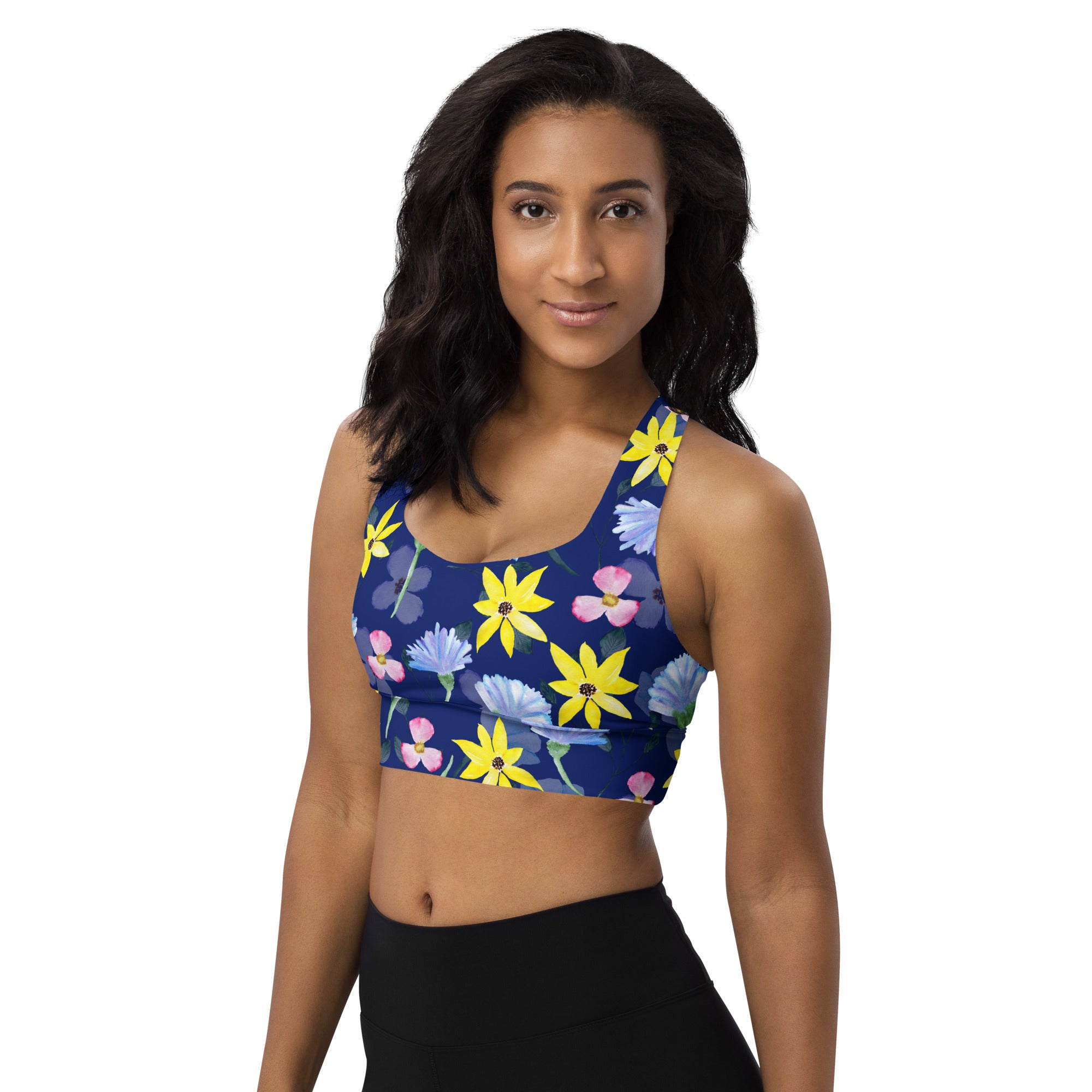 Longline sports bra Summer Flowers Dark Blue