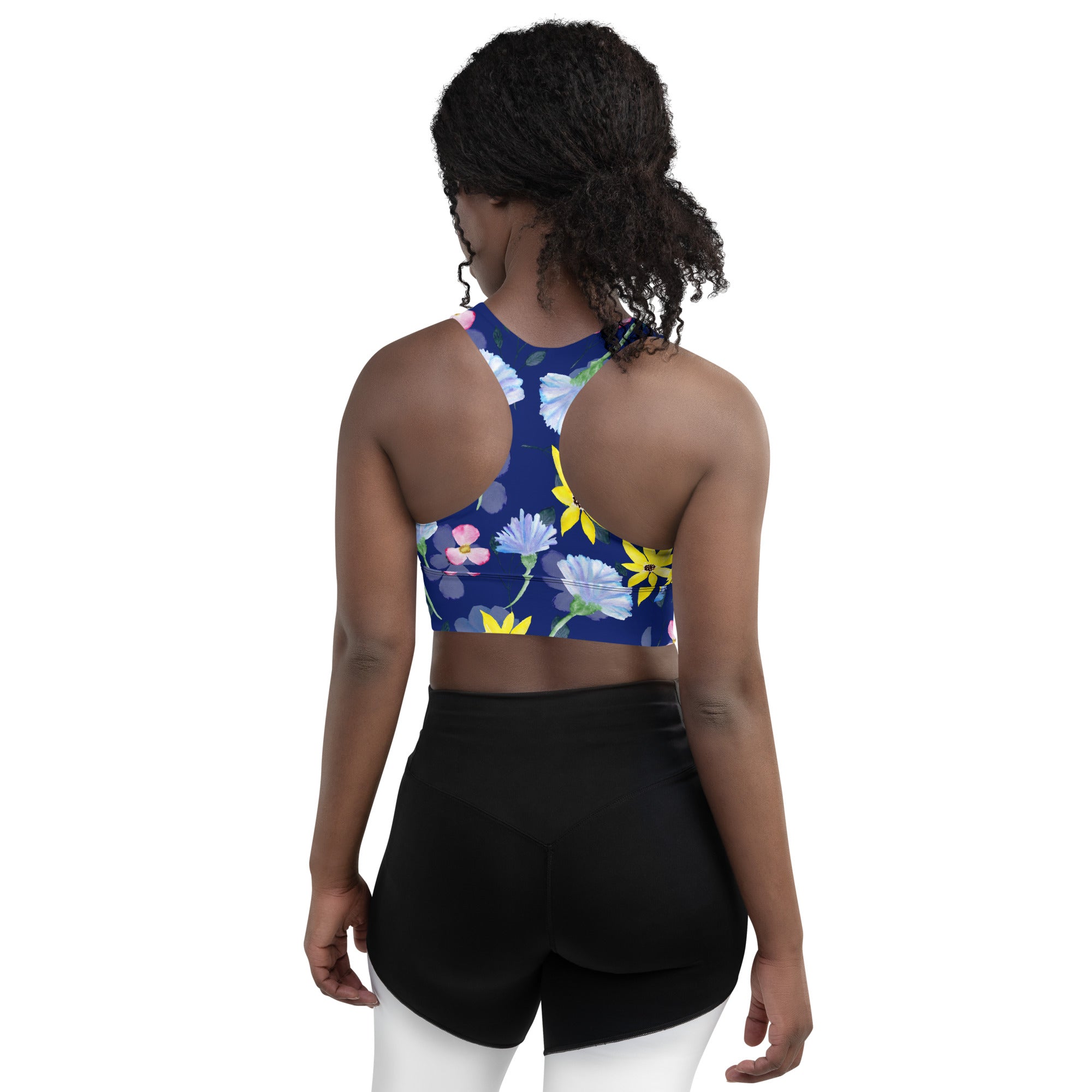 Longline sports bra Summer Flowers Dark Blue