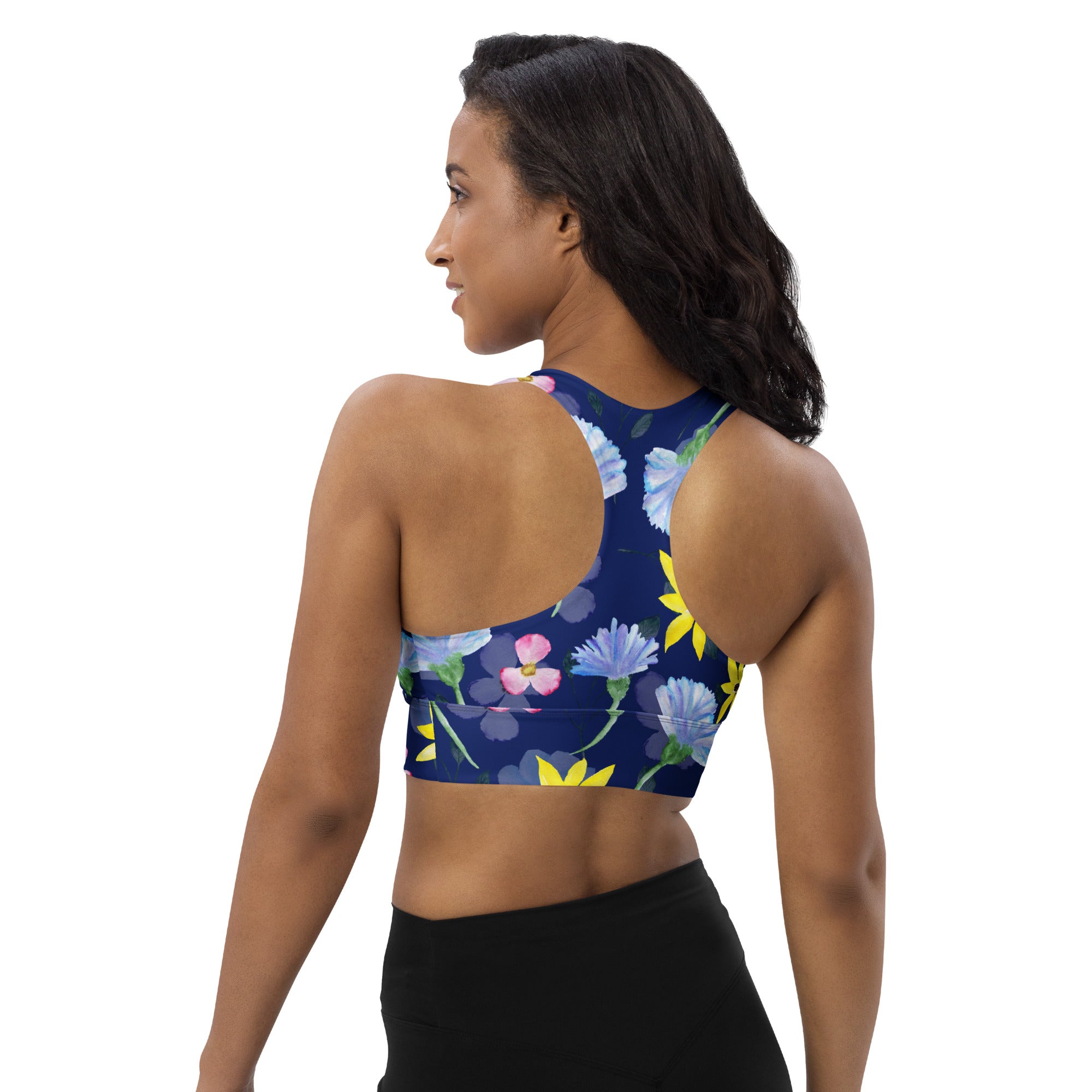 Longline sports bra Summer Flowers Dark Blue