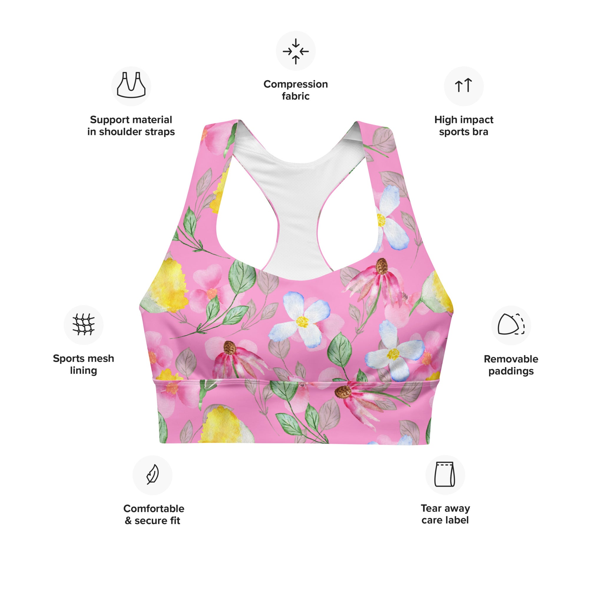 Longline sports bra Summer Flowers Pink