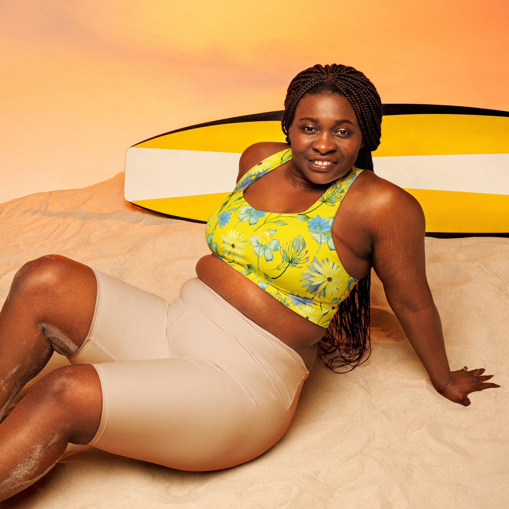 Longline sports bra Summer Flowers Yellow