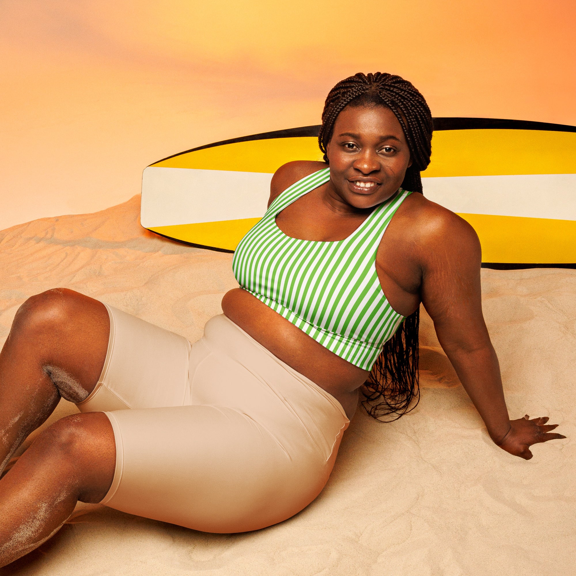 Longline sports bra White and Green Stripes