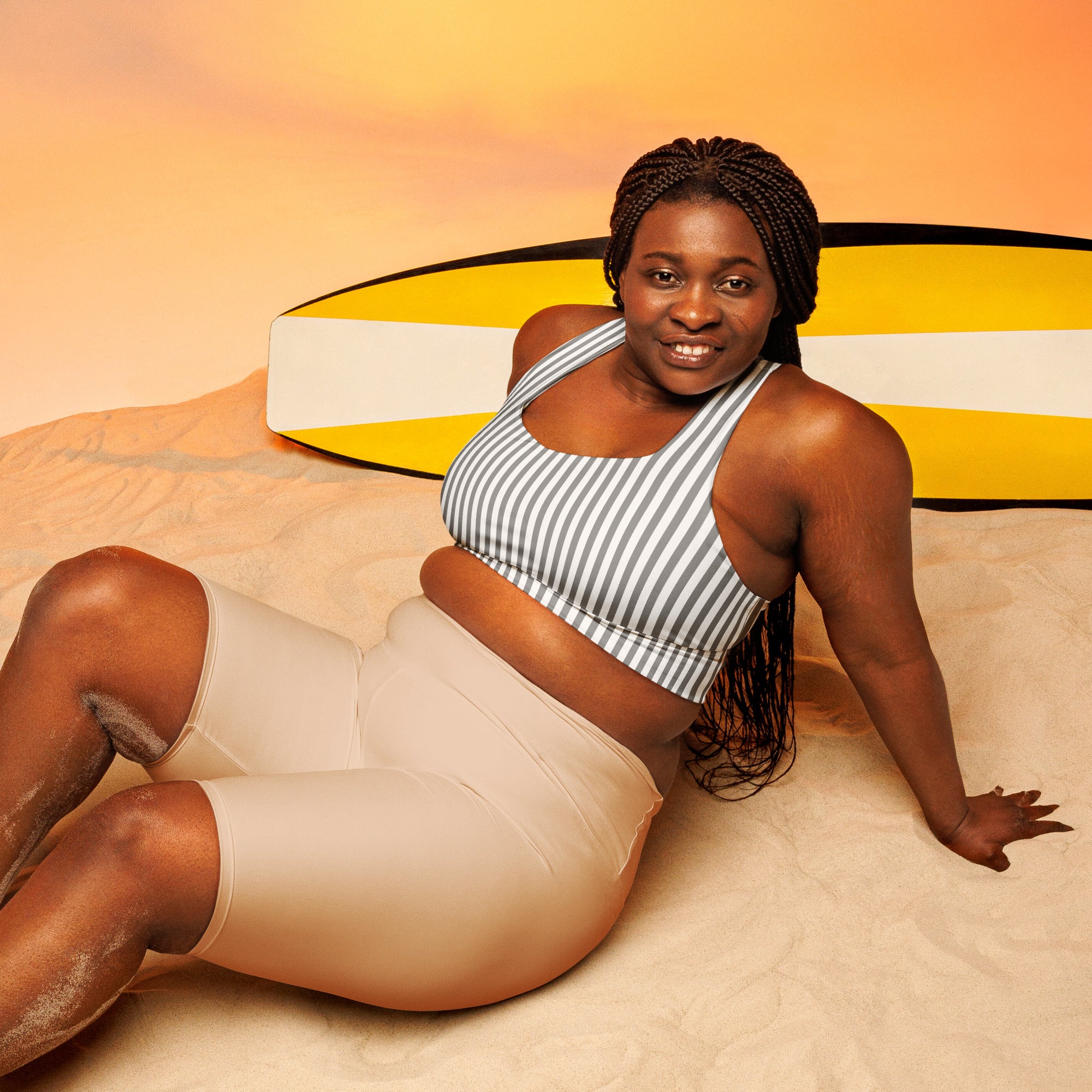 Longline sports bra White and Grey Stripes