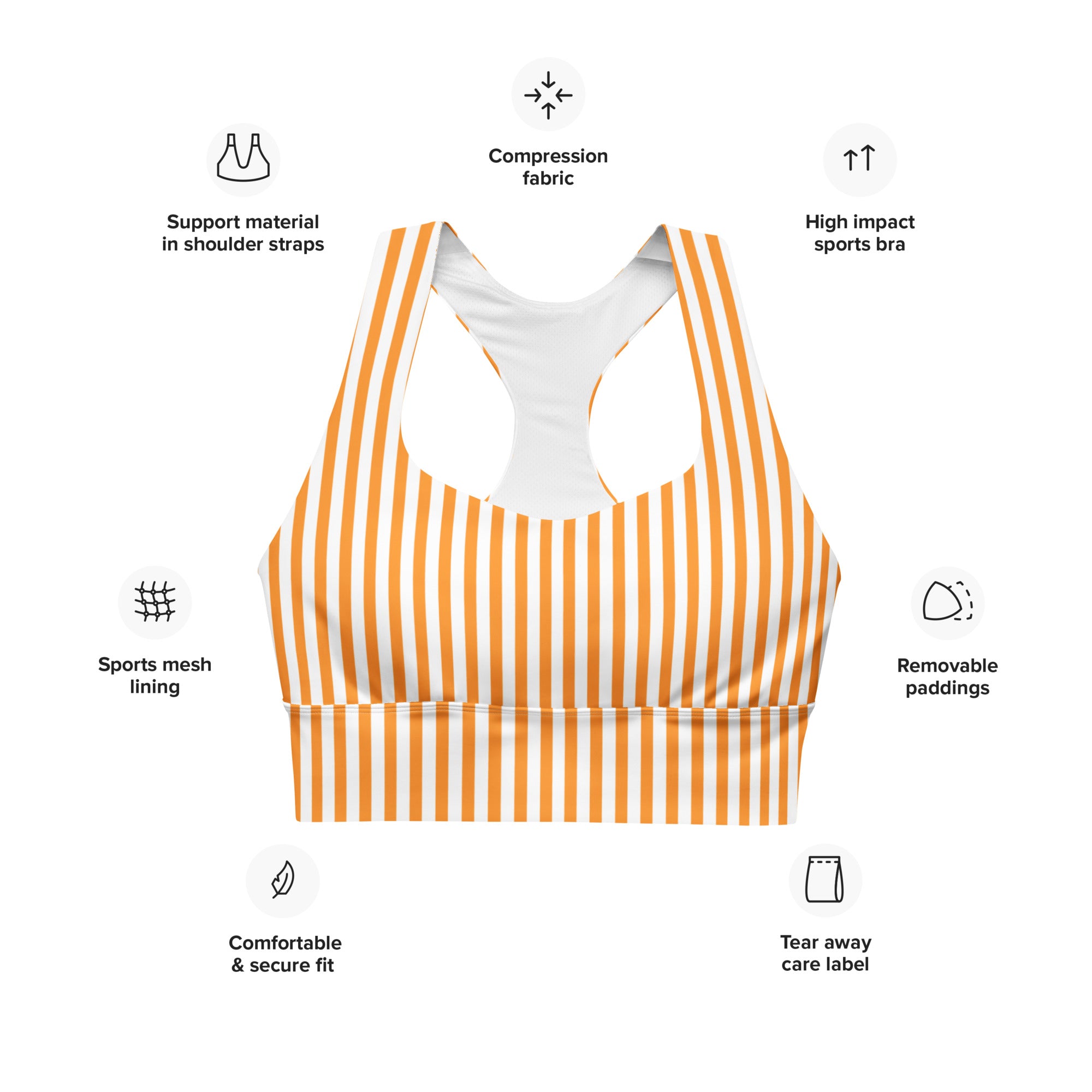 Longline sports bra White and Orange Stripes