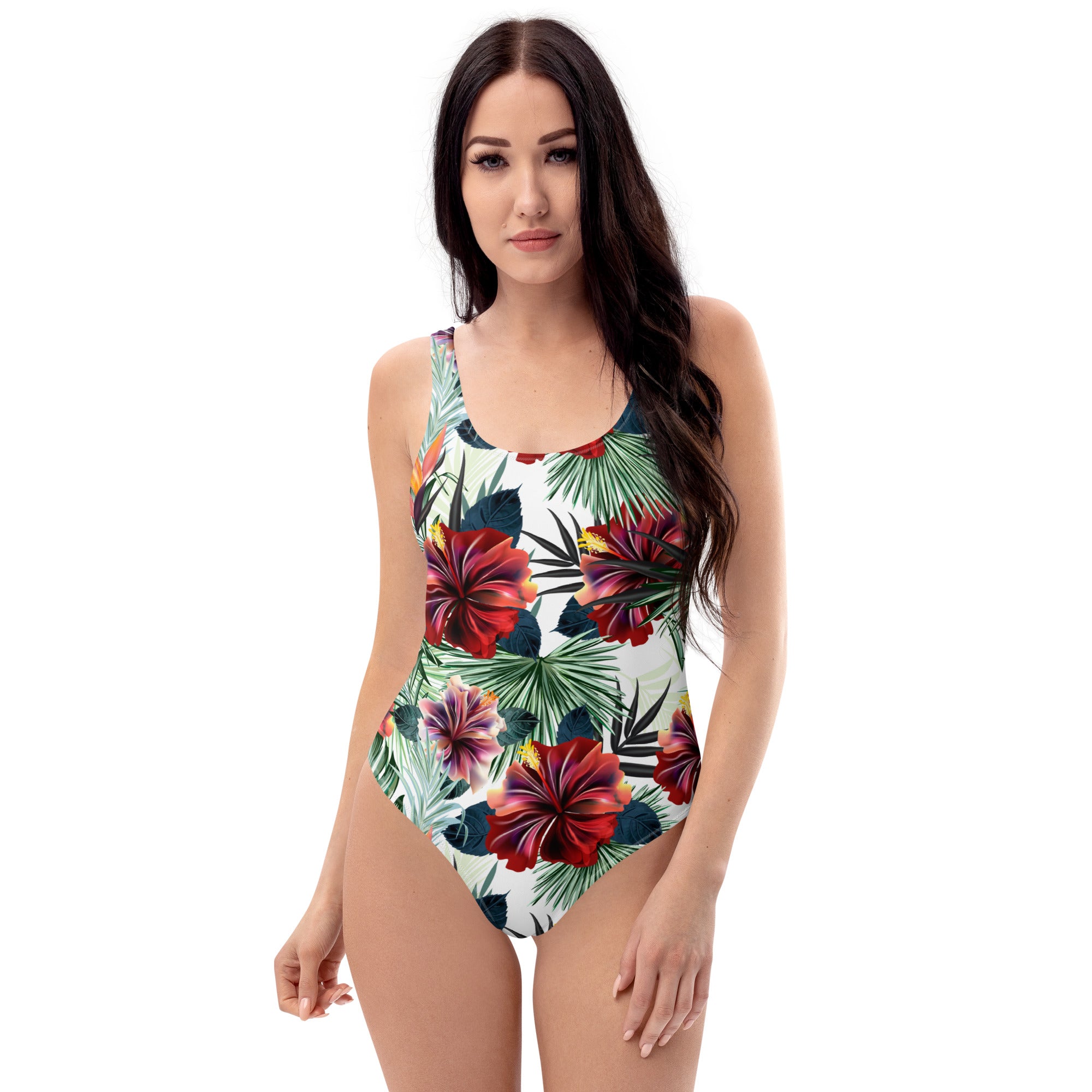 One Piece Swimsuit Palm leafs and Hibiscus flowers