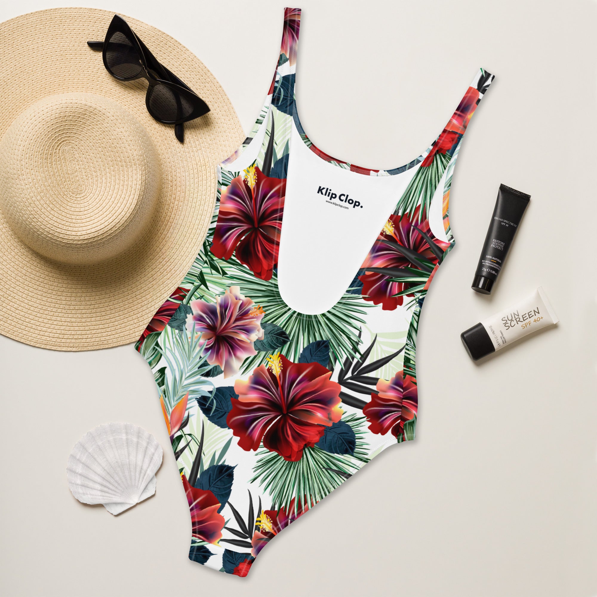 One Piece Swimsuit Palm leafs and Hibiscus flowers