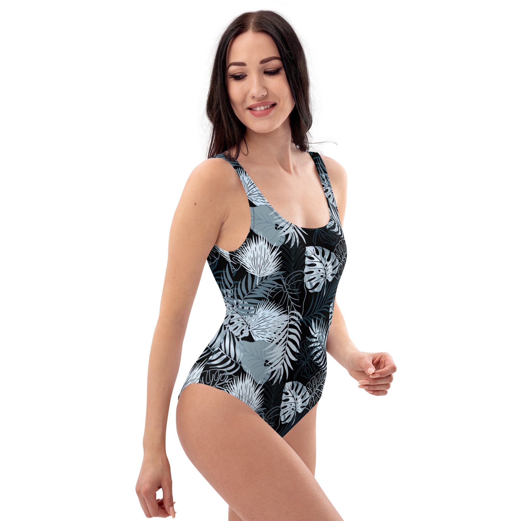 One Piece Swimsuit Tropical Black