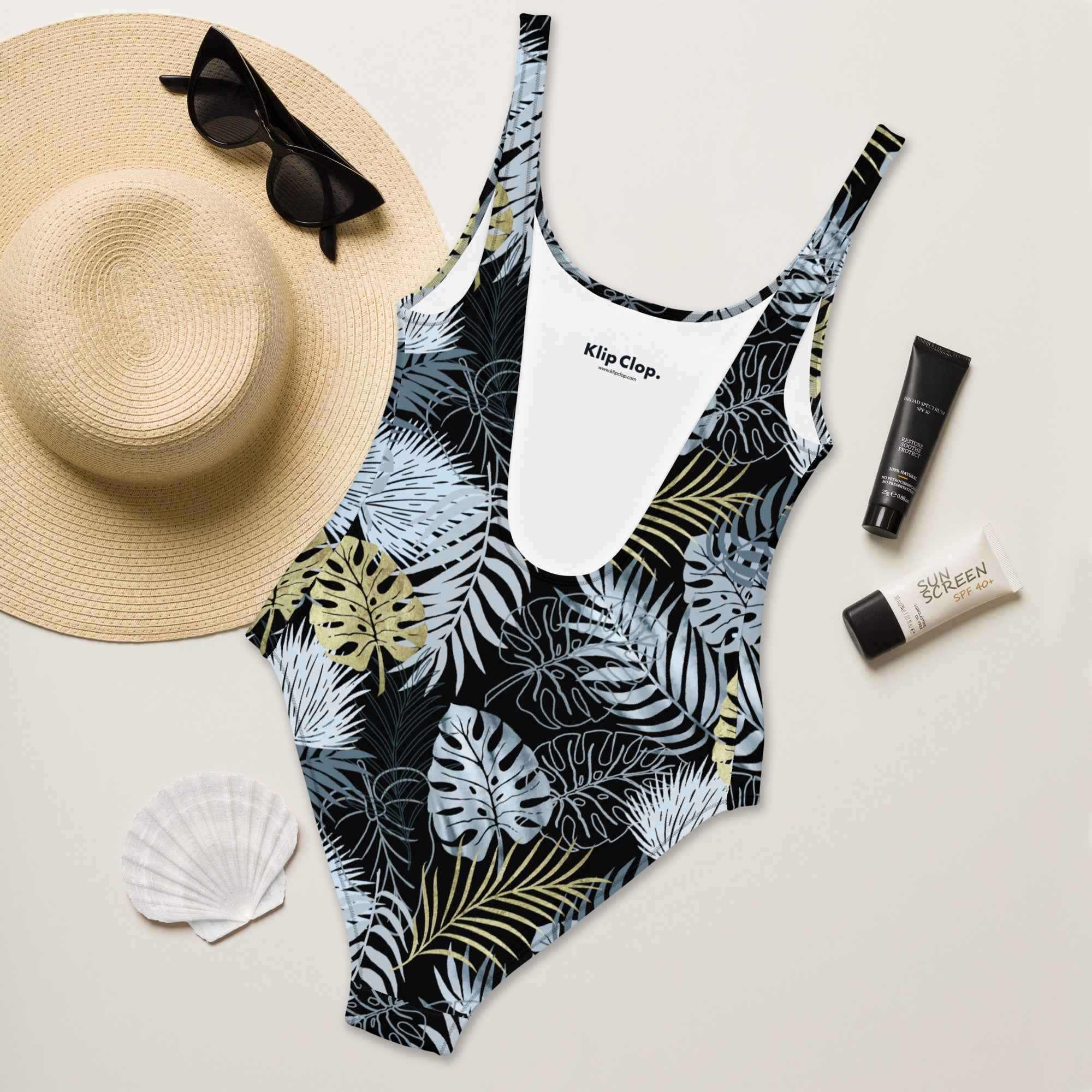 One Piece Swimsuit Tropical Black and Gold