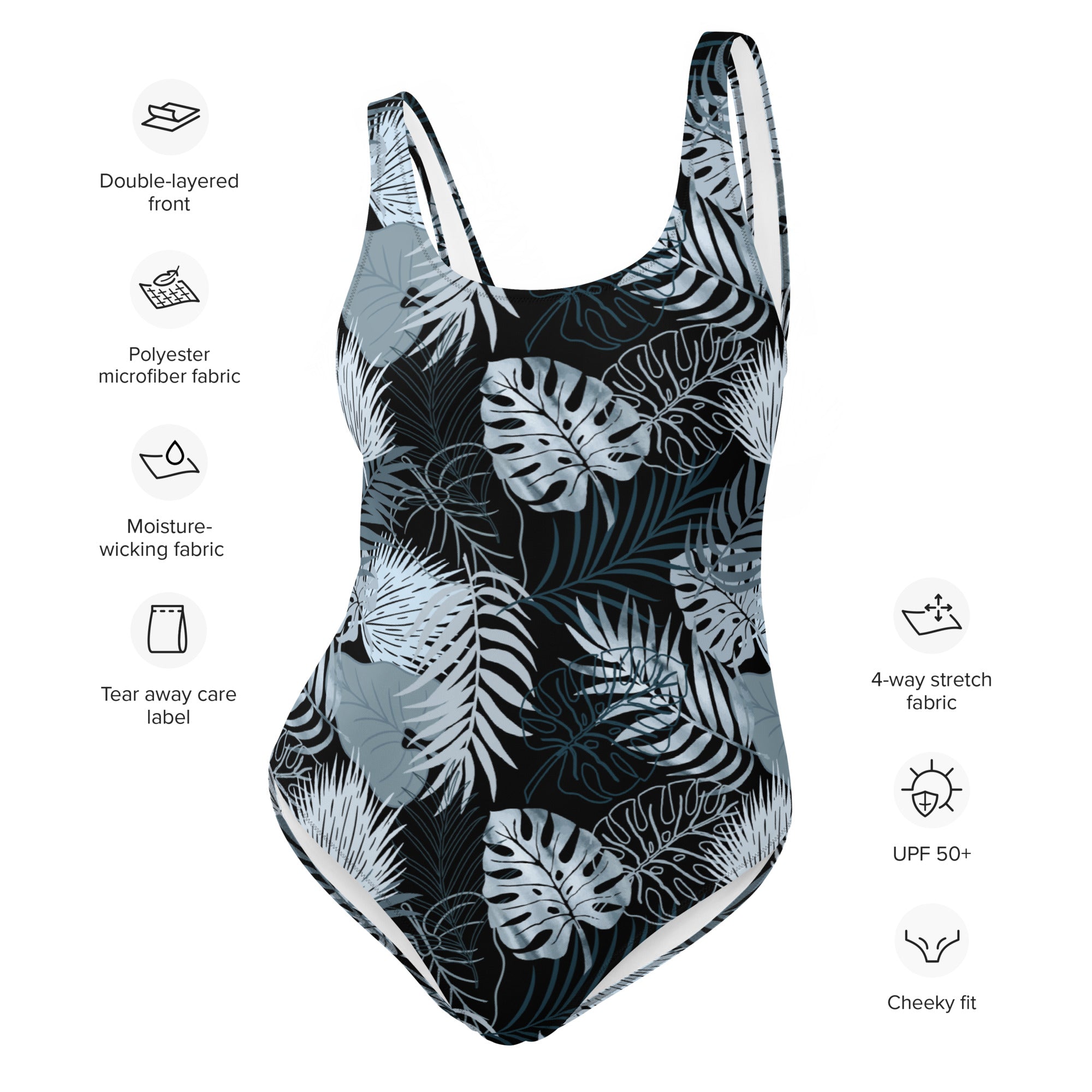 One Piece Swimsuit Tropical Black