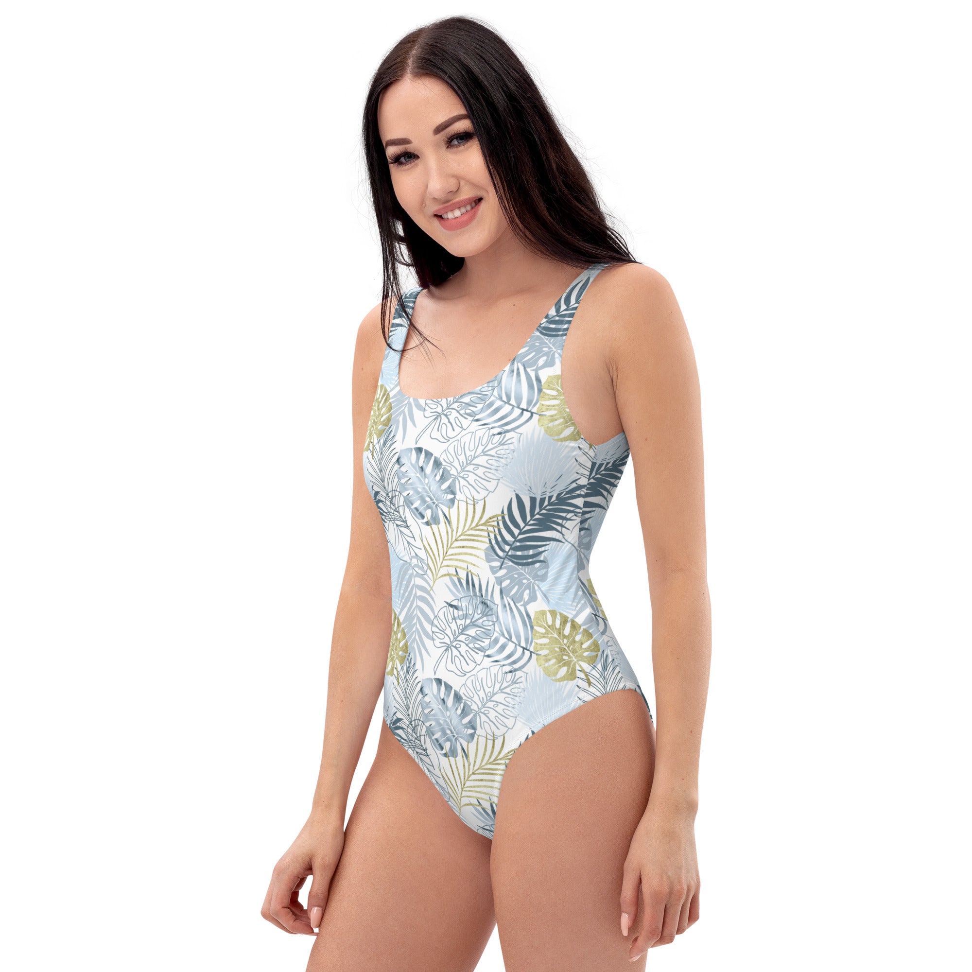 One Piece Swimsuit Tropical leafs White