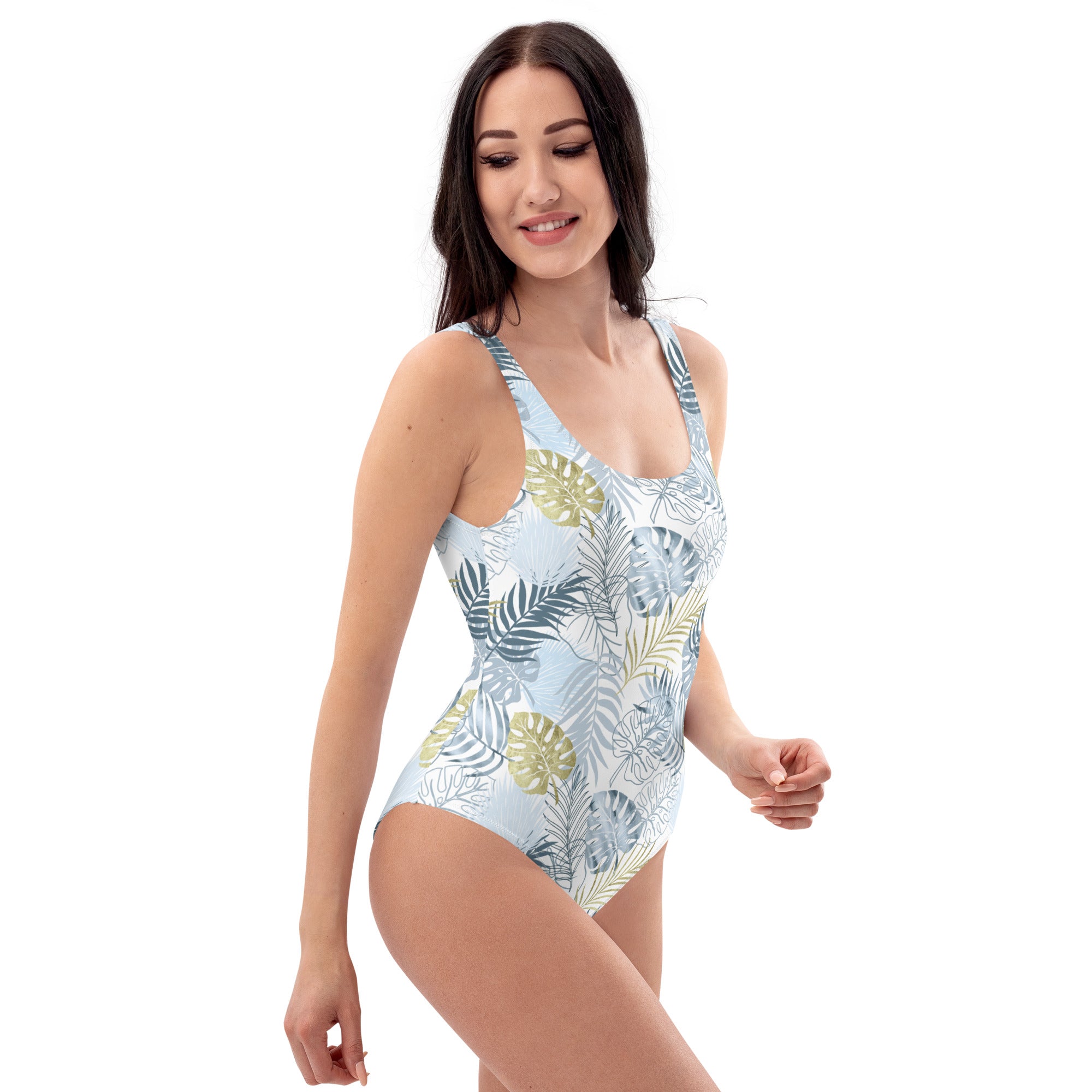 One Piece Swimsuit Tropical leafs White