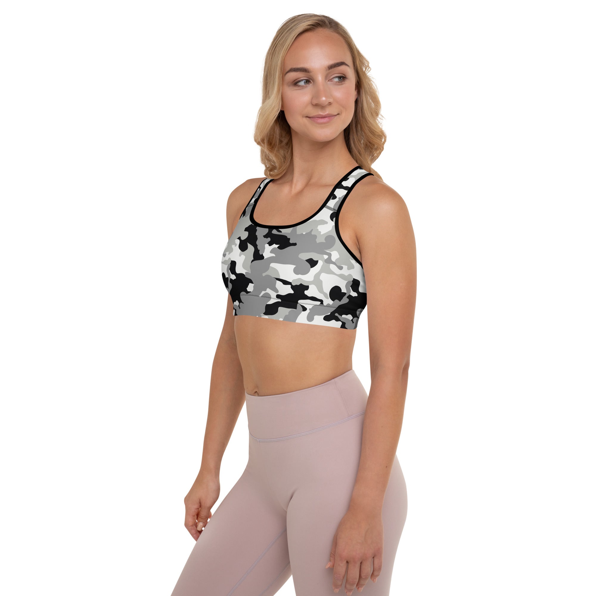 Padded Sports Bra Camo grey and black