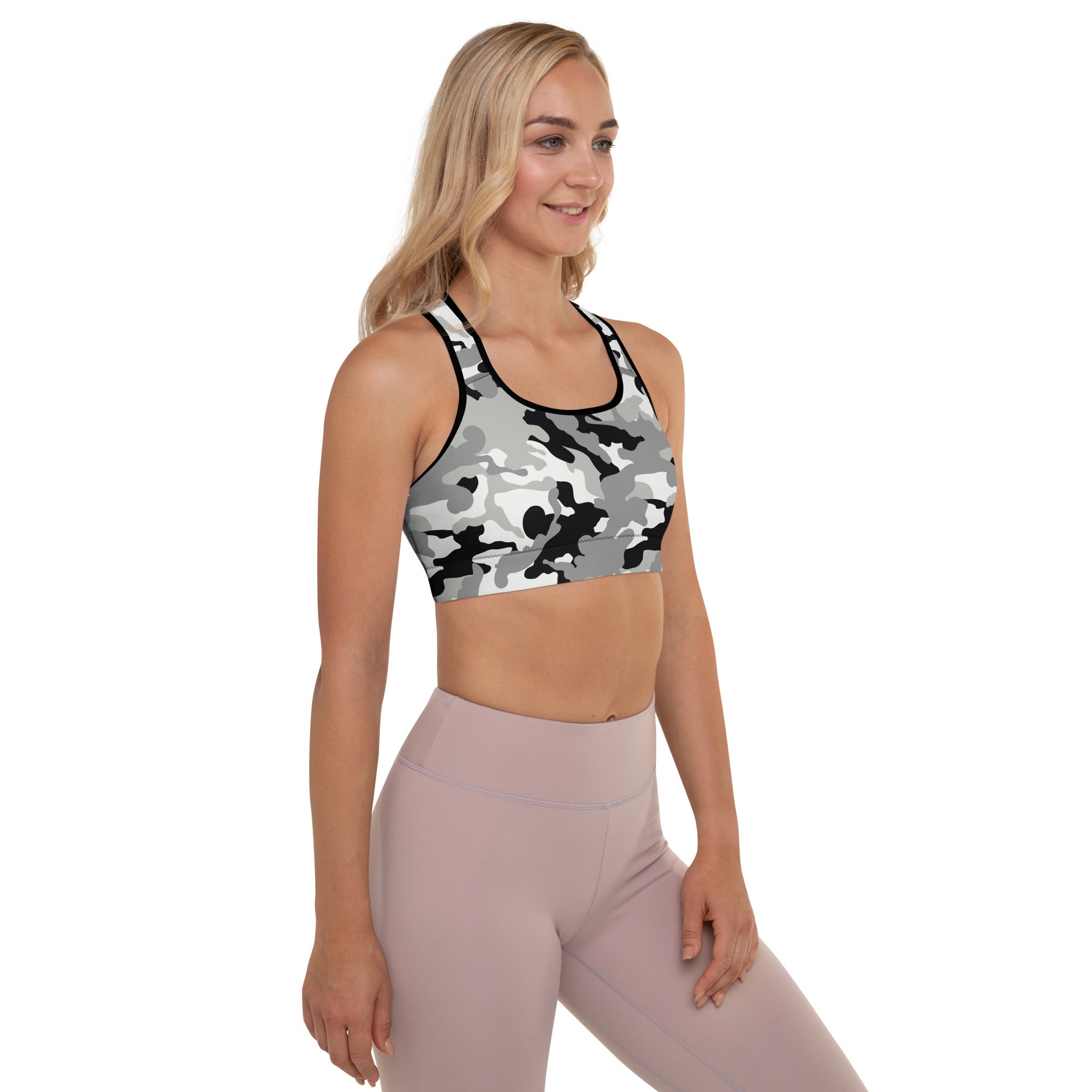 Padded Sports Bra Camo grey and black